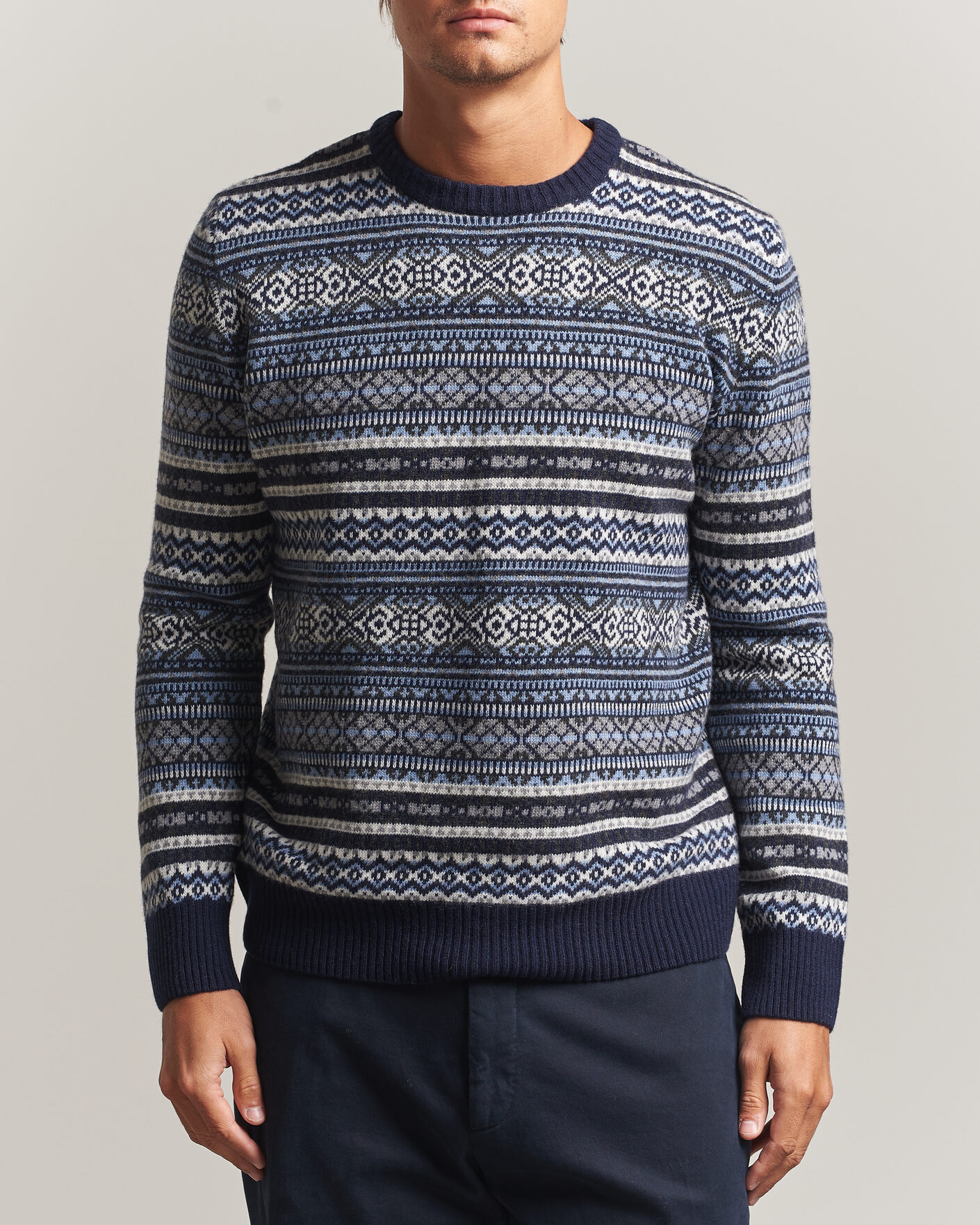 Men | Sweaters & Knitwear | Morgano | Wool/Cashmere Fair Isle Knitted Crewneck Navy