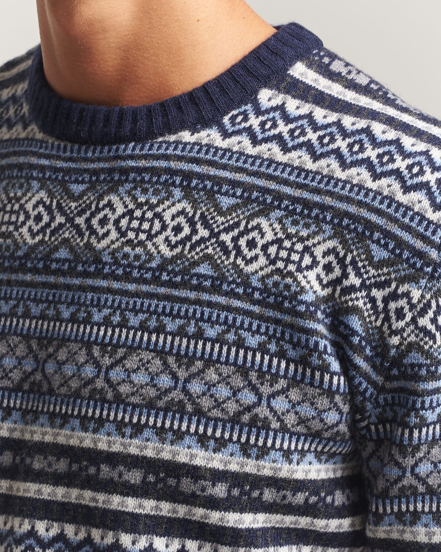 Men | Sweaters & Knitwear | Morgano | Wool/Cashmere Fair Isle Knitted Crewneck Navy