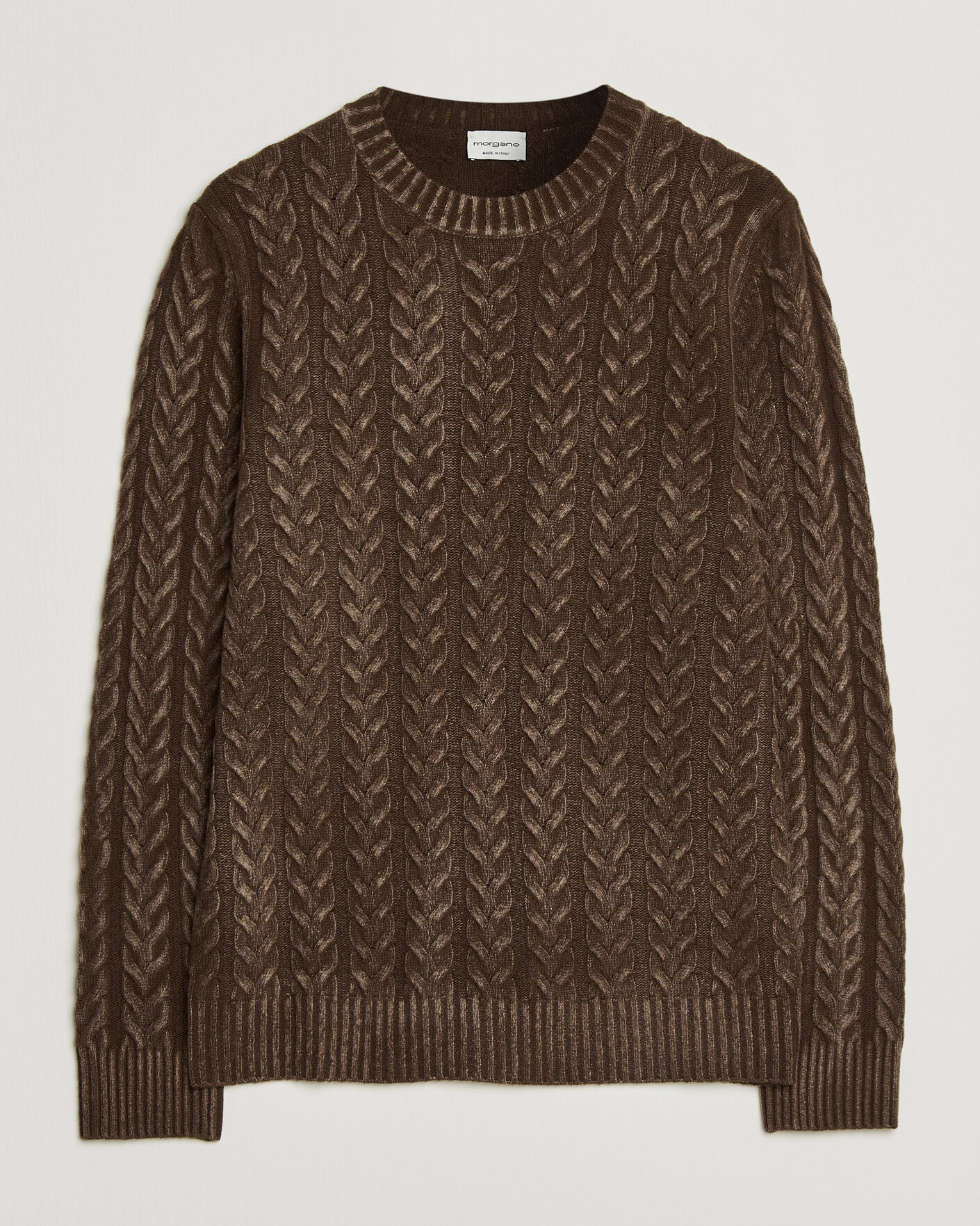 Men | Sweaters & Knitwear | Morgano | Cable Knitted Brushed Dyed Wool Crew Brown