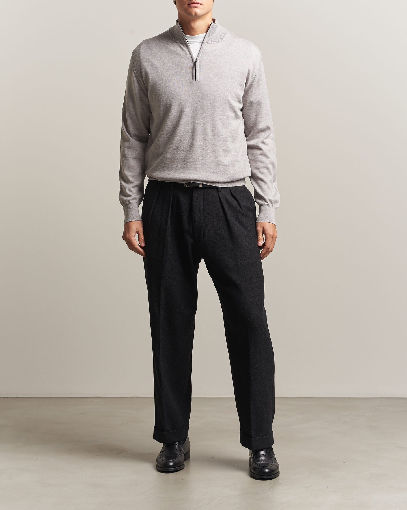 Men | Sweaters & Knitwear | Morgano | Extra Fine Merino Wool Half-Zip Light Grey