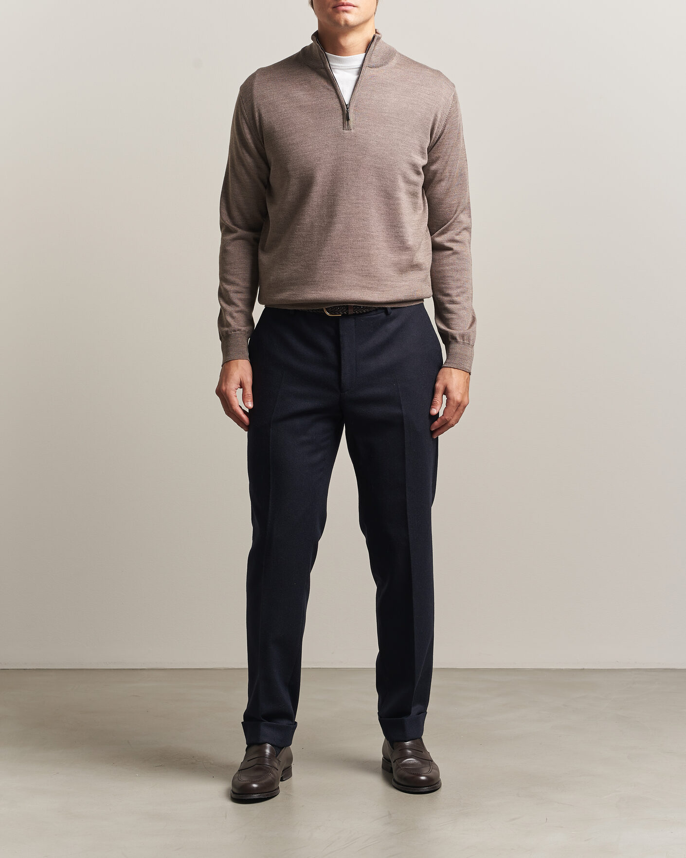 Men | Sweaters & Knitwear | Morgano | Extra Fine Merino Wool Half-Zip Mid Brown