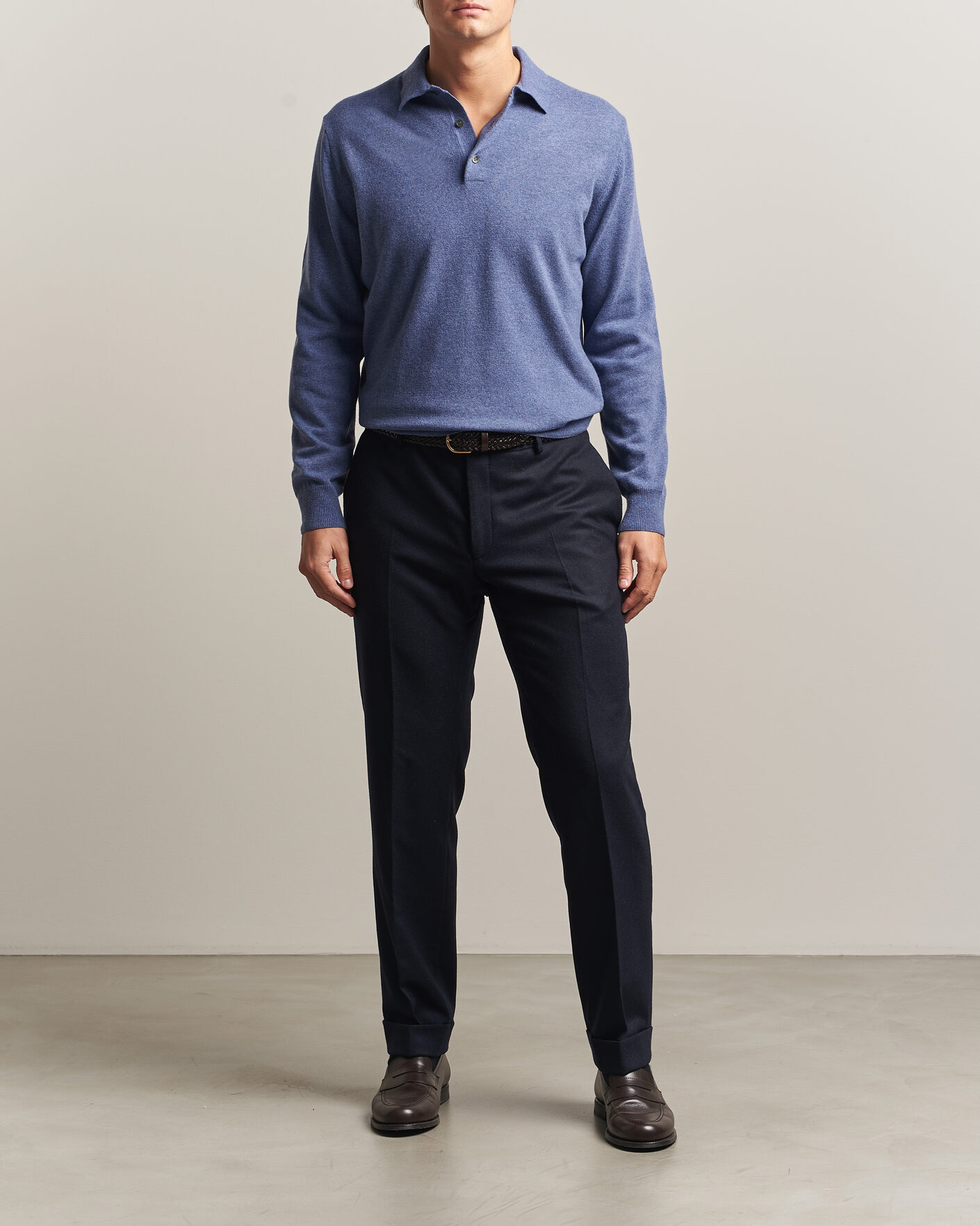 Men | Sweaters & Knitwear | Morgano | Wool/Cashmere Polo Mid Blue