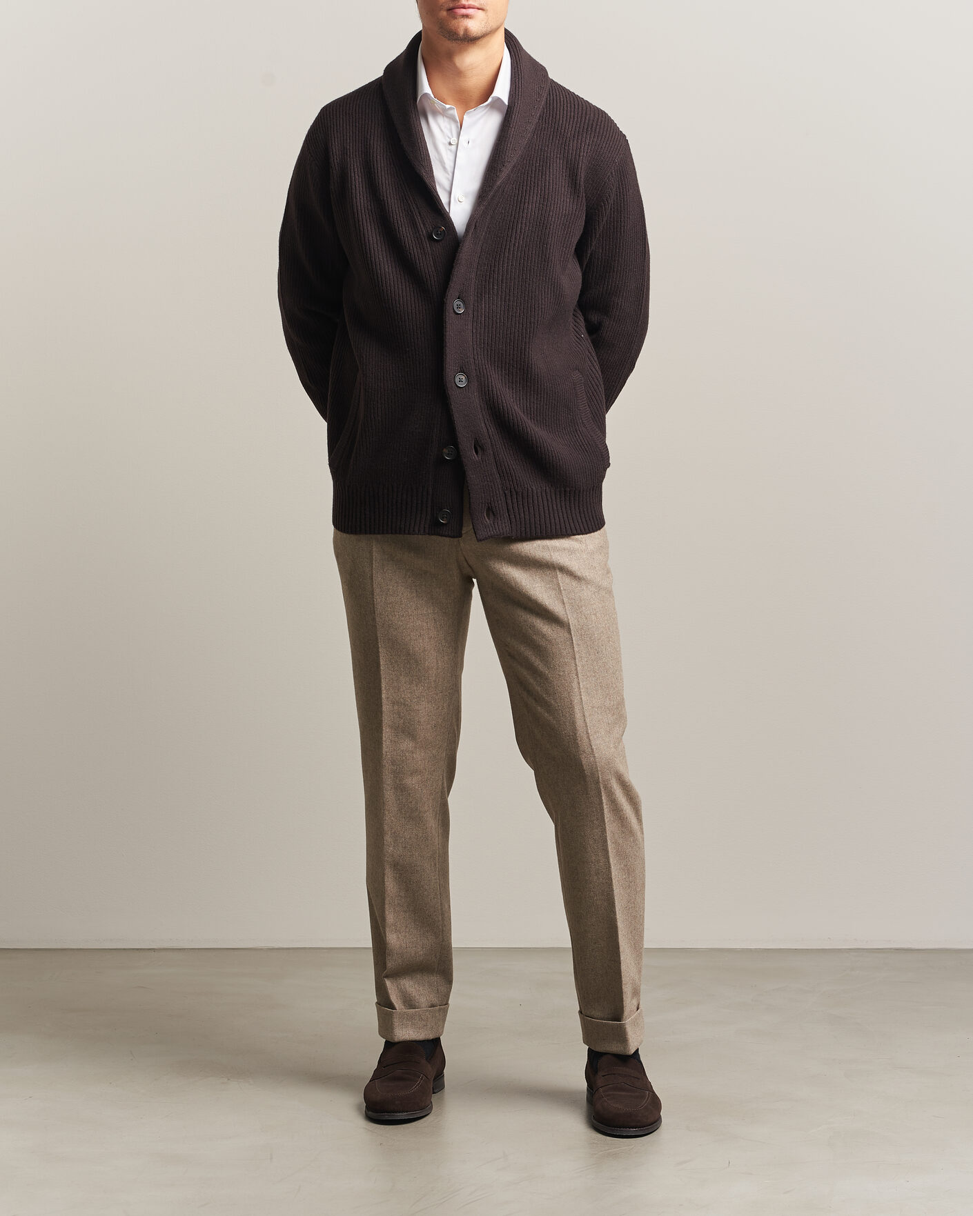 Men | Sweaters & Knitwear | Charles Tyrwhitt | Chunky Merino Shawl Neck Cardigan Chocolate