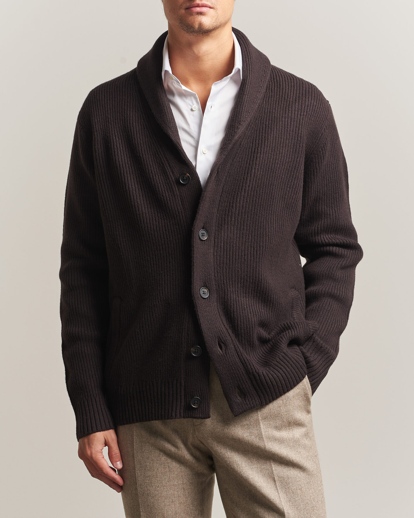 Men | Sweaters & Knitwear | Charles Tyrwhitt | Chunky Merino Shawl Neck Cardigan Chocolate