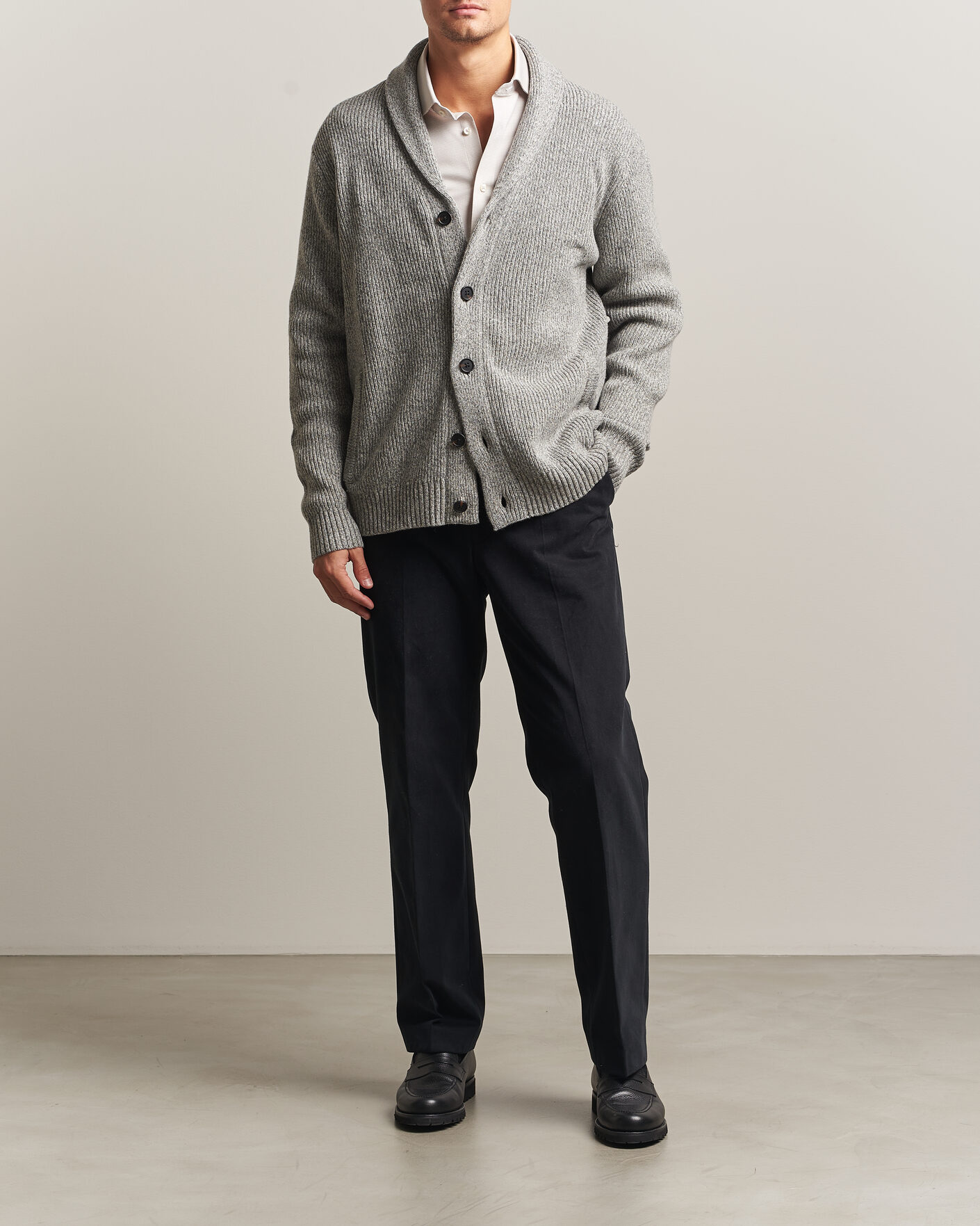 Men | Sweaters & Knitwear | Charles Tyrwhitt | Chunky Merino Shawl Neck Cardigan Grey