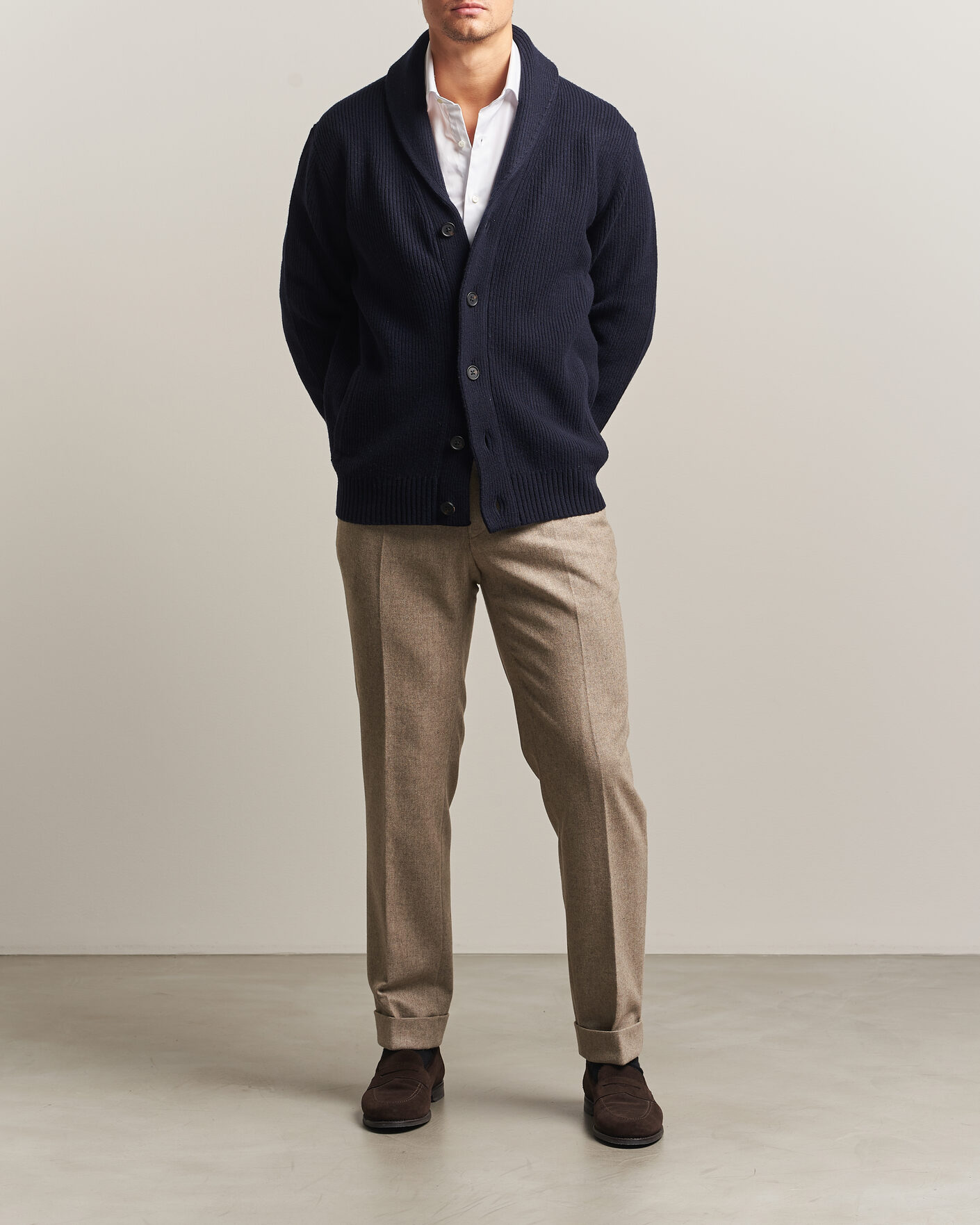 Men | Sweaters & Knitwear | Charles Tyrwhitt | Chunky Merino Shawl Neck Cardigan Navy