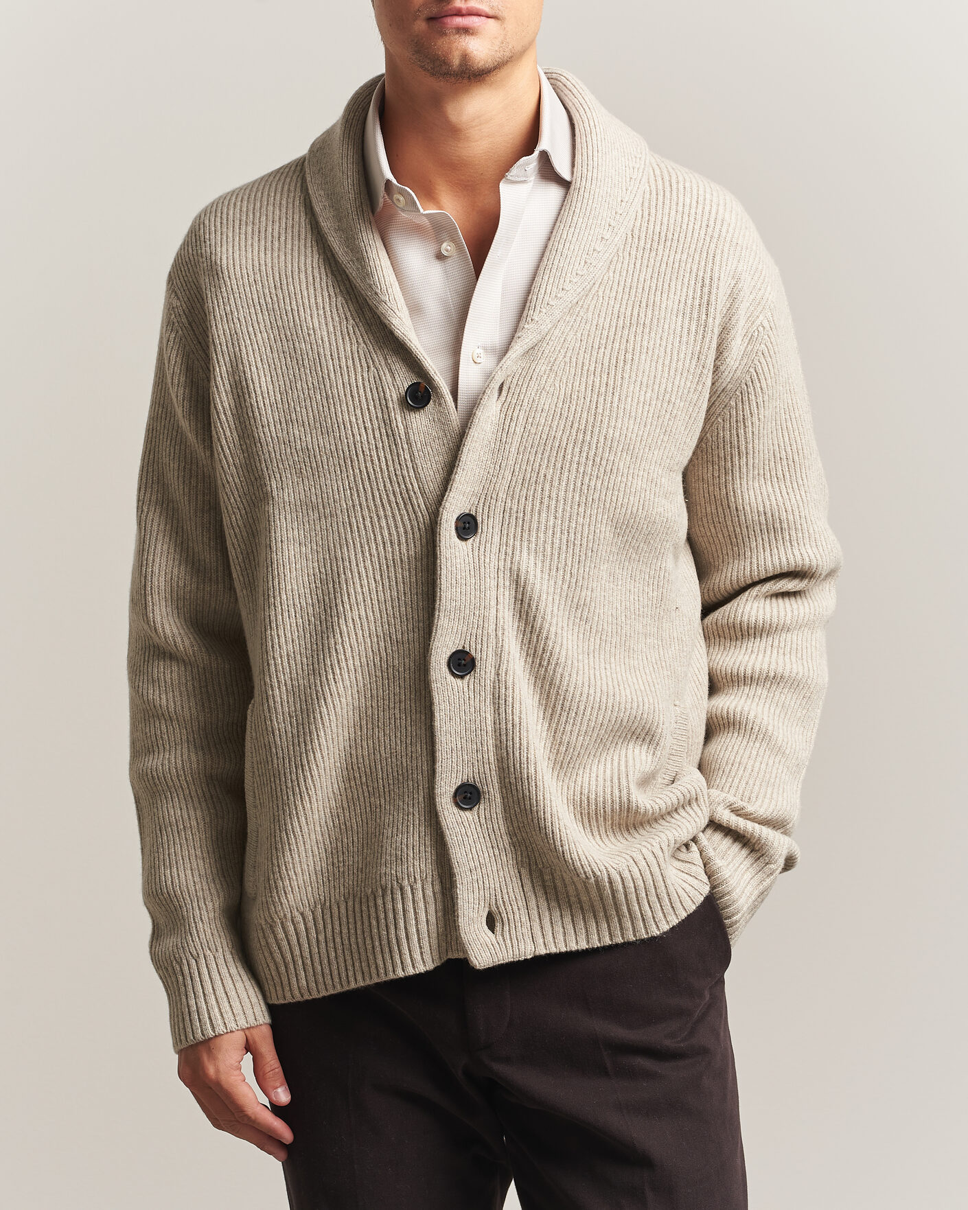 Men | Sweaters & Knitwear | Charles Tyrwhitt | Chunky Merino Shawl Neck Cardigan Oat