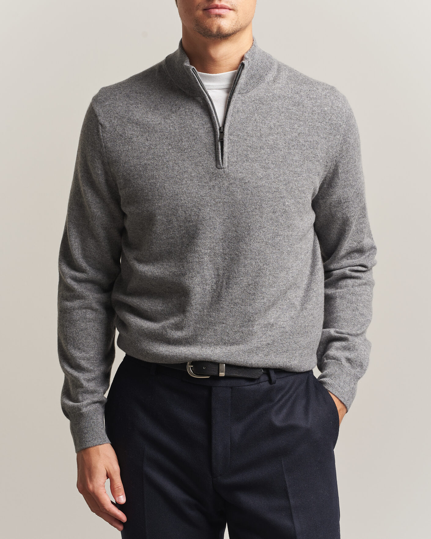 Men | Sweaters & Knitwear | Charles Tyrwhitt | Pure Cashmere Zip Neck Jumper Grey