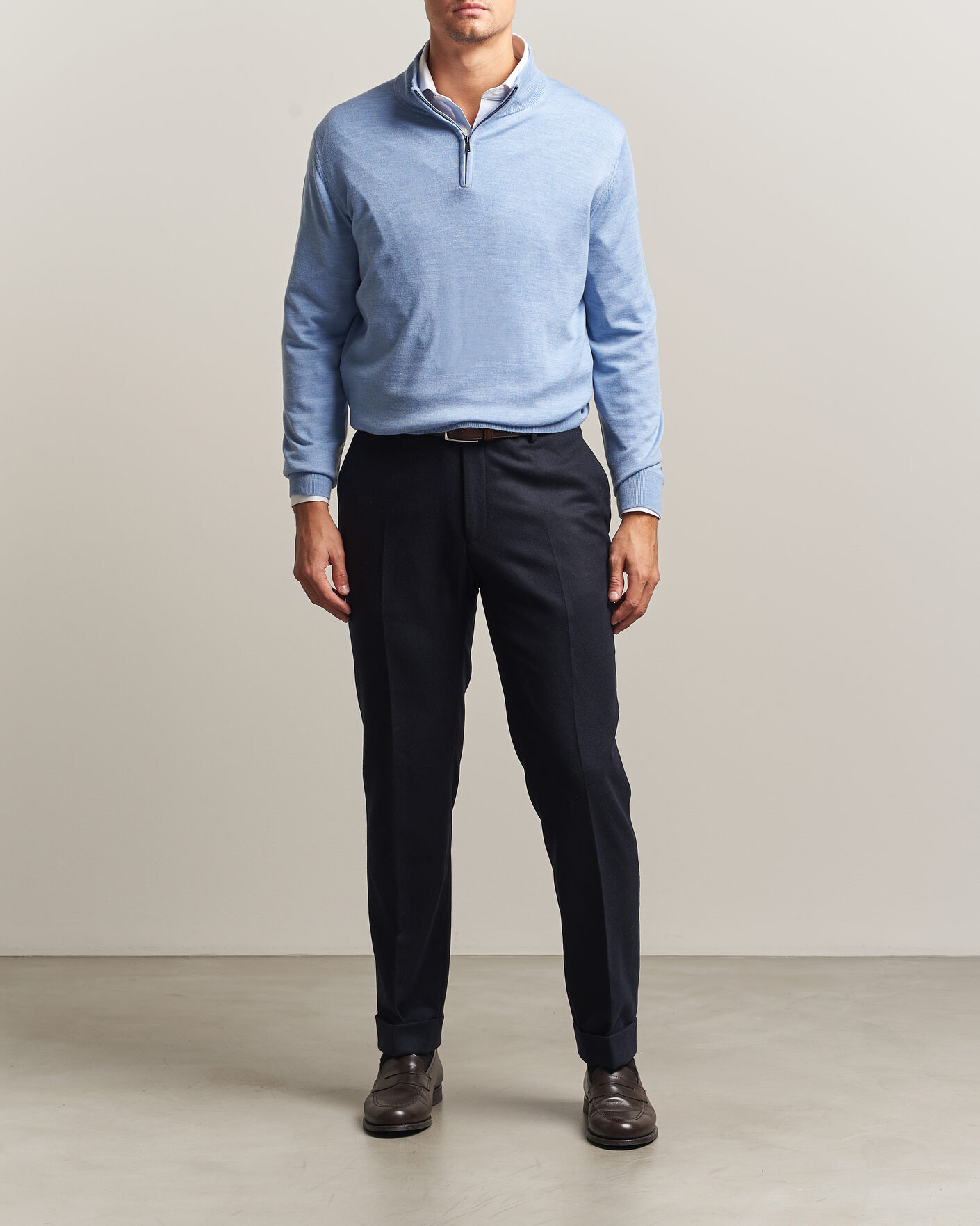 Men | Sweaters & Knitwear | Charles Tyrwhitt | Pure Merino Zip Neck Jumper Cornflower Blue