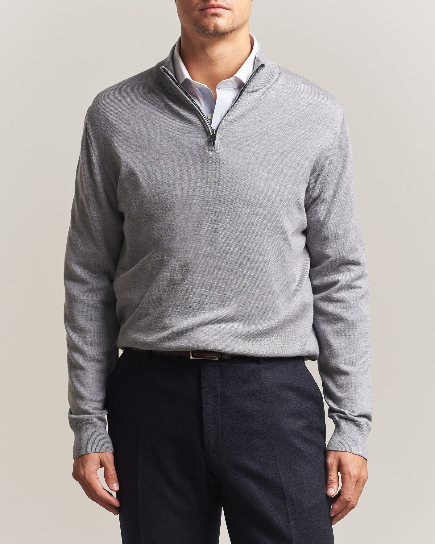 Men | Sweaters & Knitwear | Charles Tyrwhitt | Pure Merino Zip Neck Jumper Light Grey