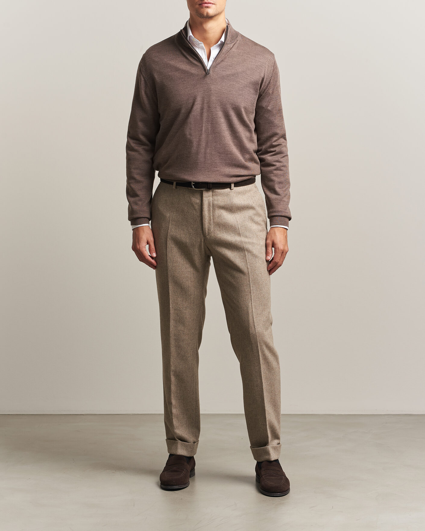 Men | Sweaters & Knitwear | Charles Tyrwhitt | Pure Merino Zip Neck Jumper Mocha