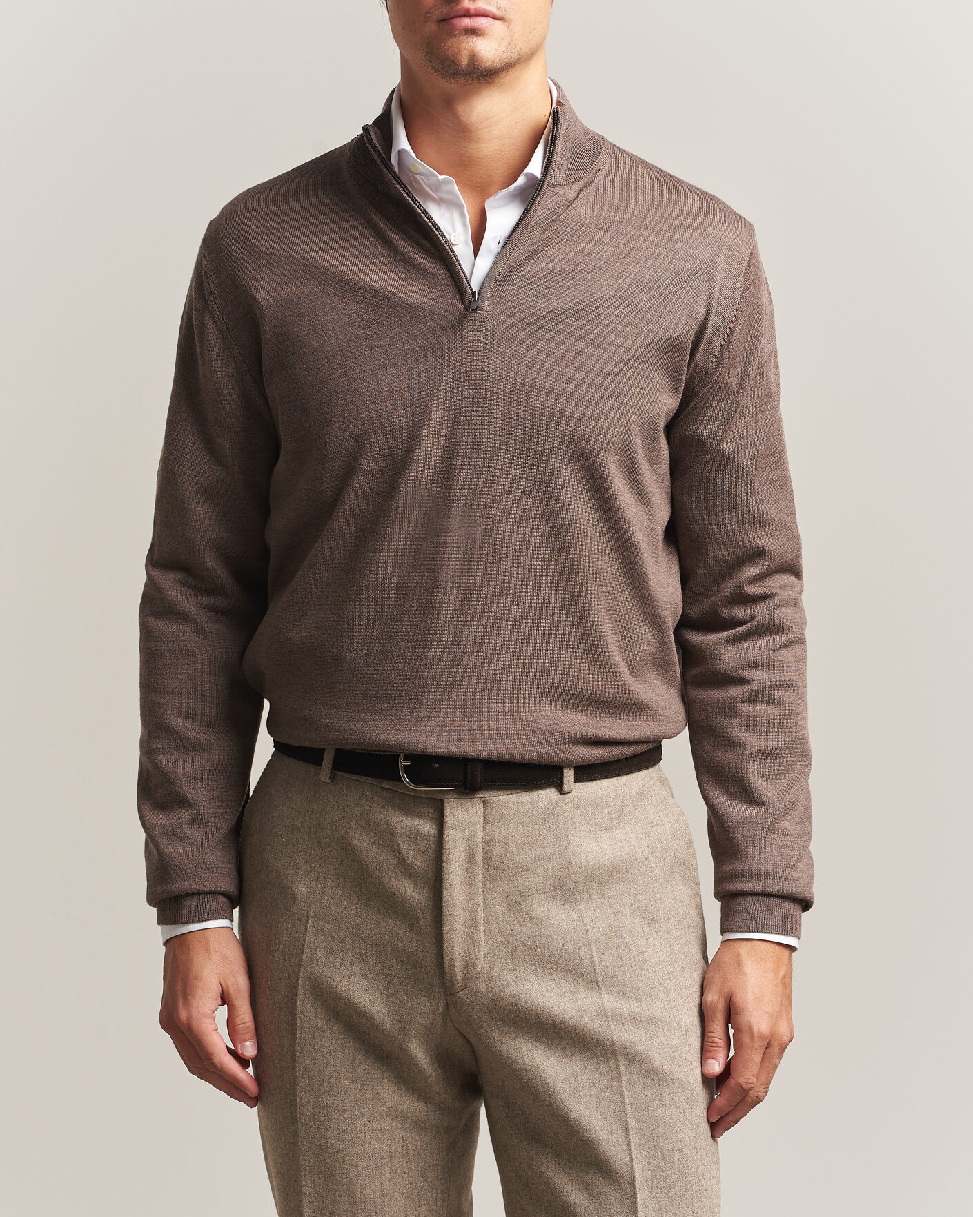 Charles Tyrwhitt Pure Merino Zip Neck Jumper Mocha at CareOfCarl.com