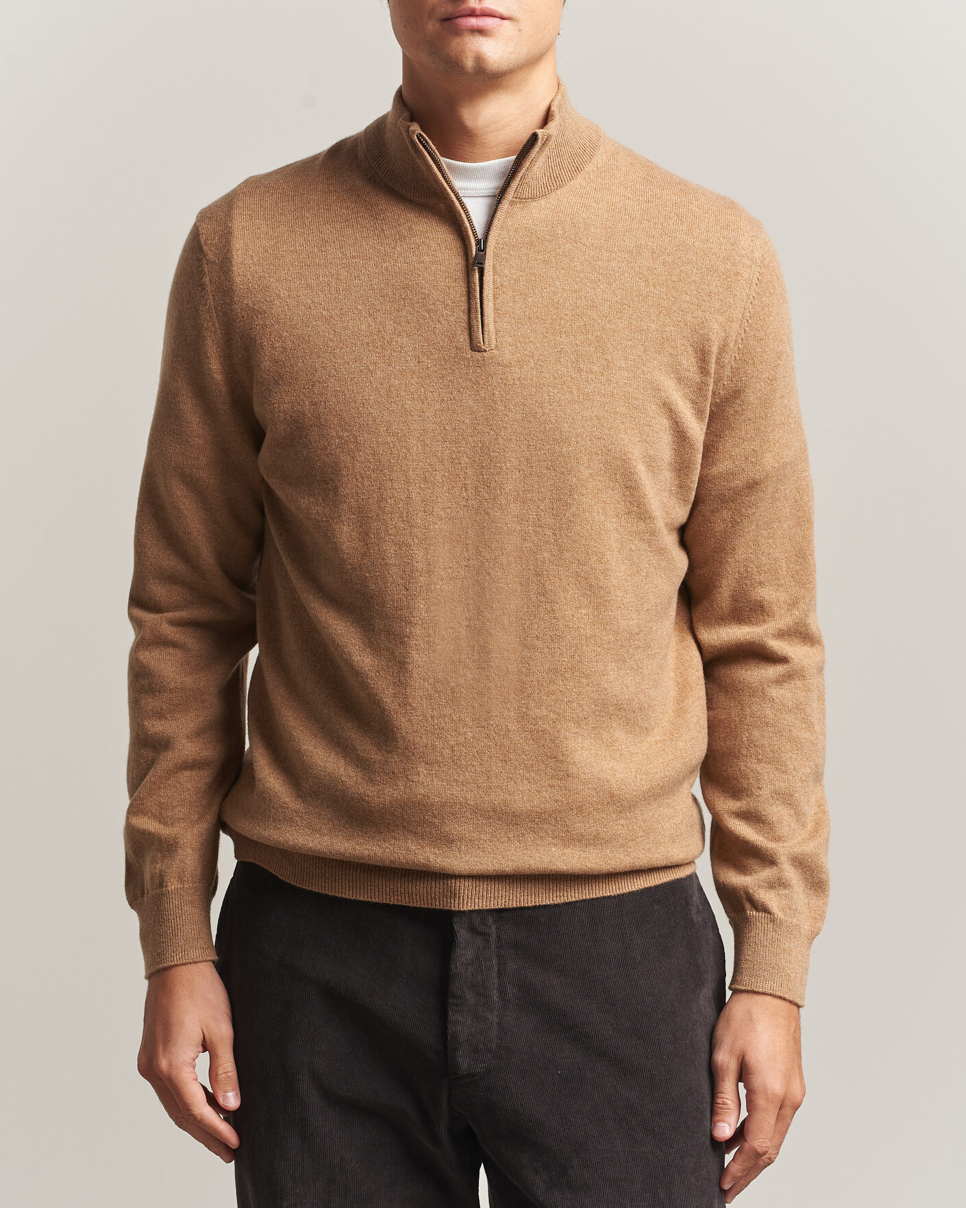 Men | Sweaters & Knitwear | Charles Tyrwhitt | Pure Cashmere Zip Neck Jumper Tan
