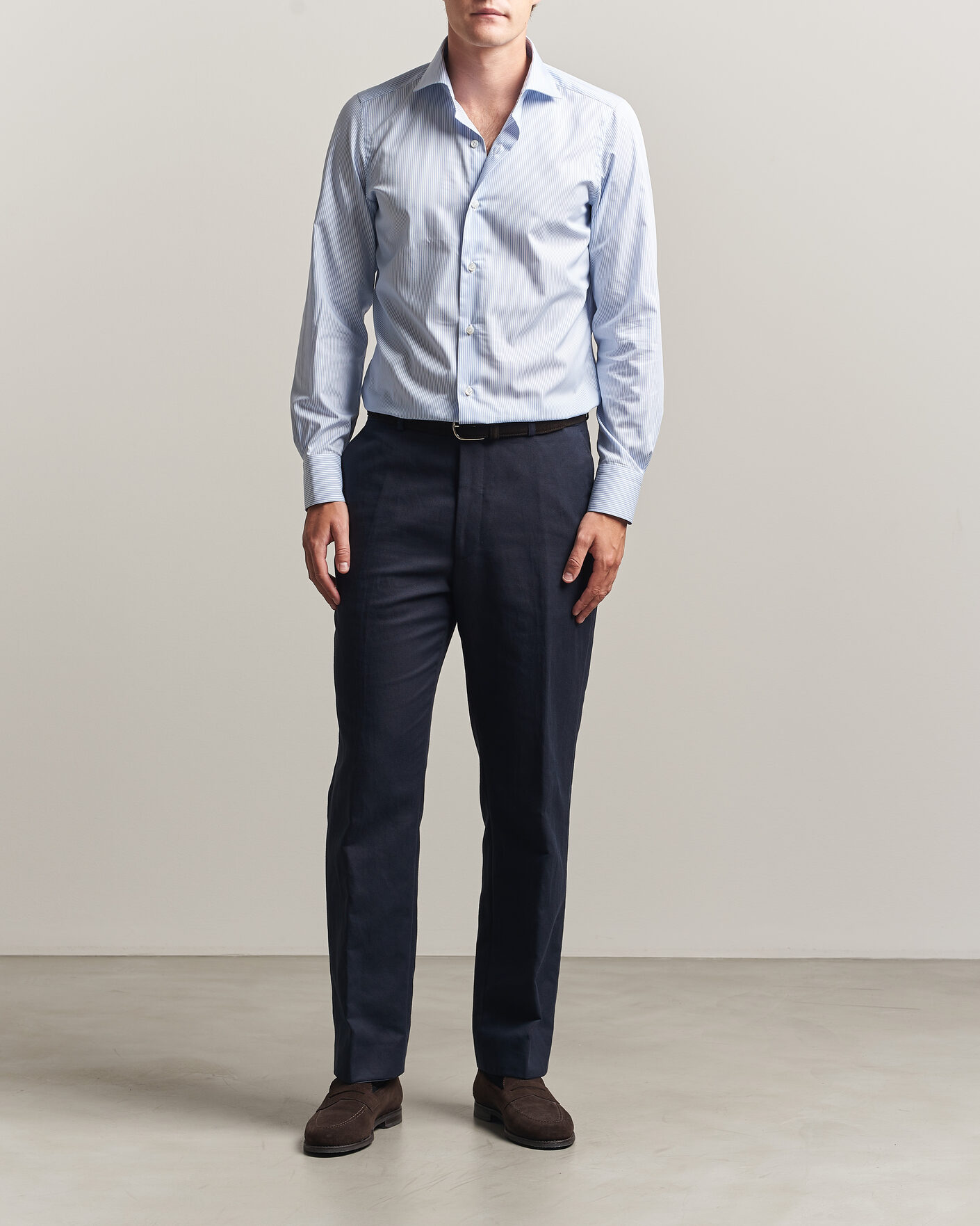 Men | Shirts | Finamore Napoli | Milano Slim Traveller Cotton Shirt Blue Stripe