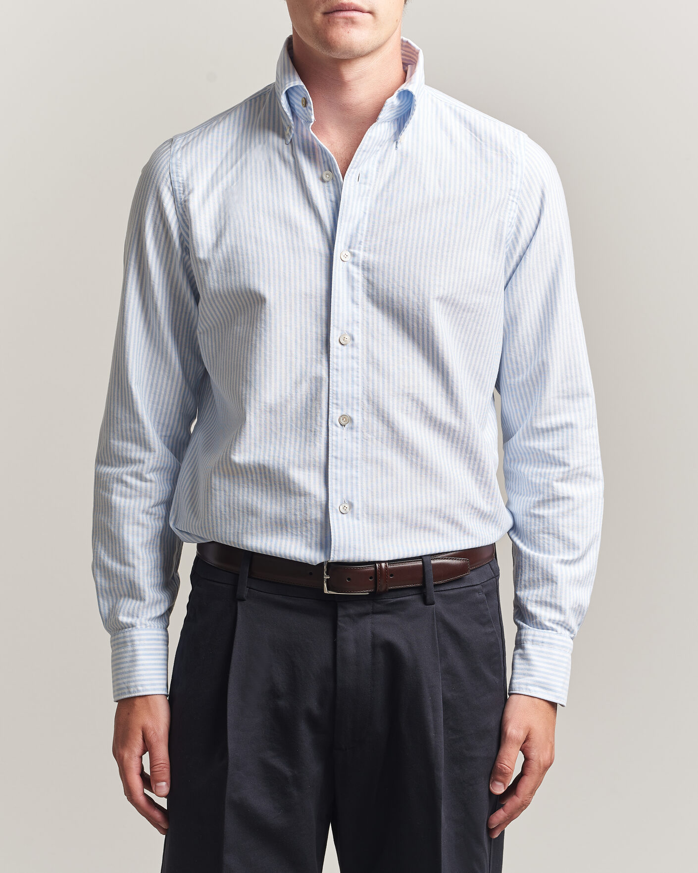 Finamore Napoli Gaeta Oxford Button Down Shirt Light Blue Stripe