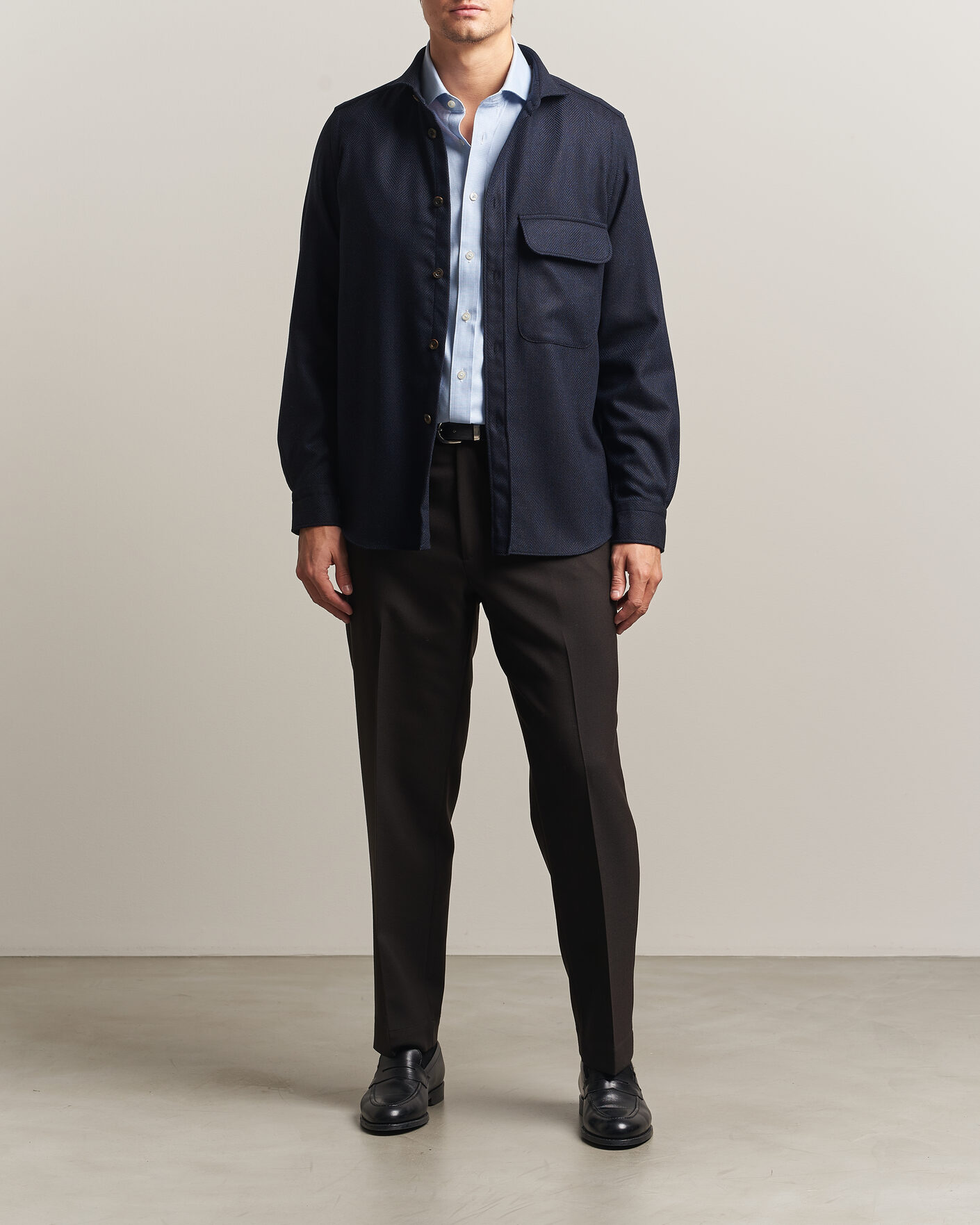 Men | Shirts | Finamore Napoli | Wool Herringbone Overshirt Navy