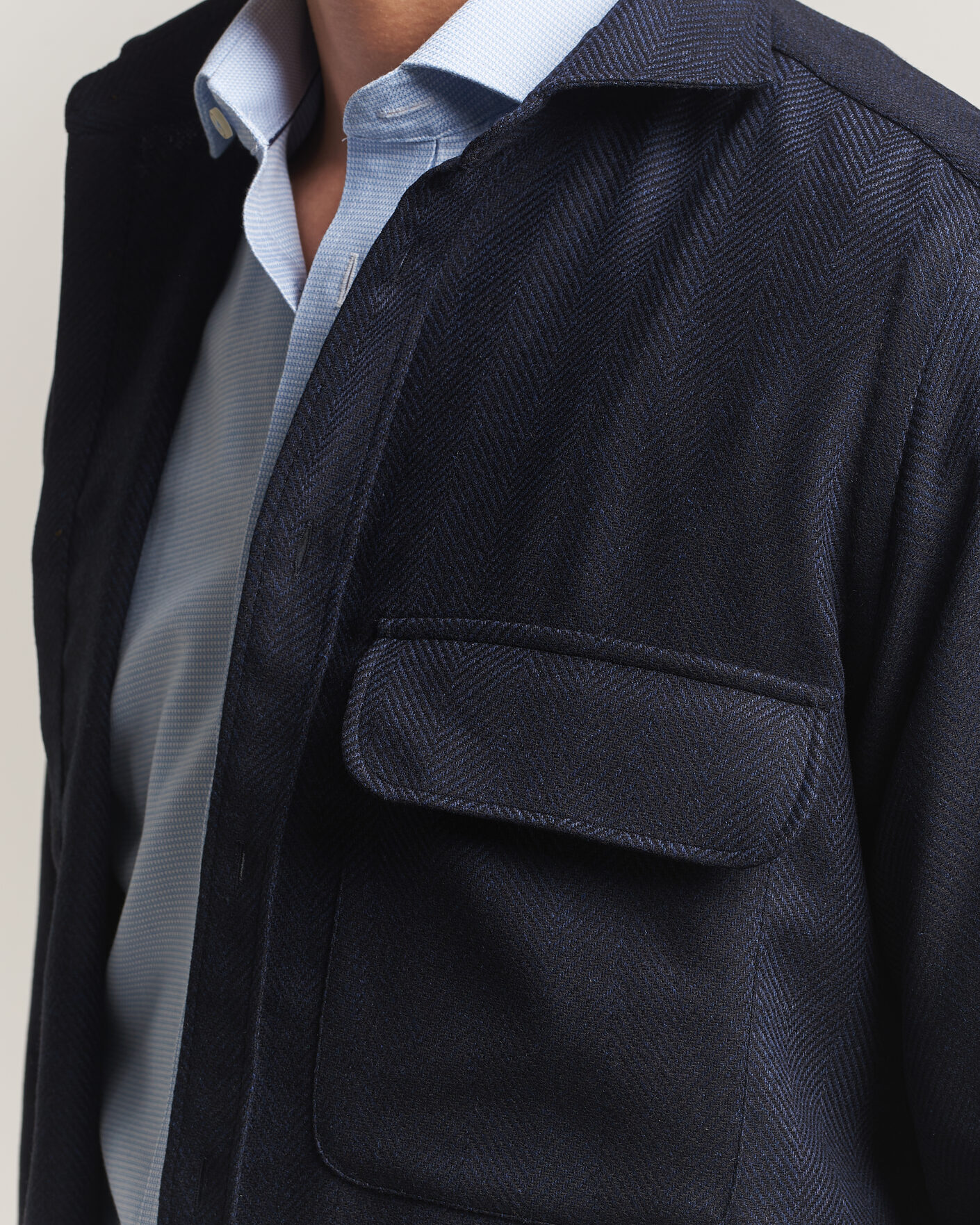 Men | Shirts | Finamore Napoli | Wool Herringbone Overshirt Navy