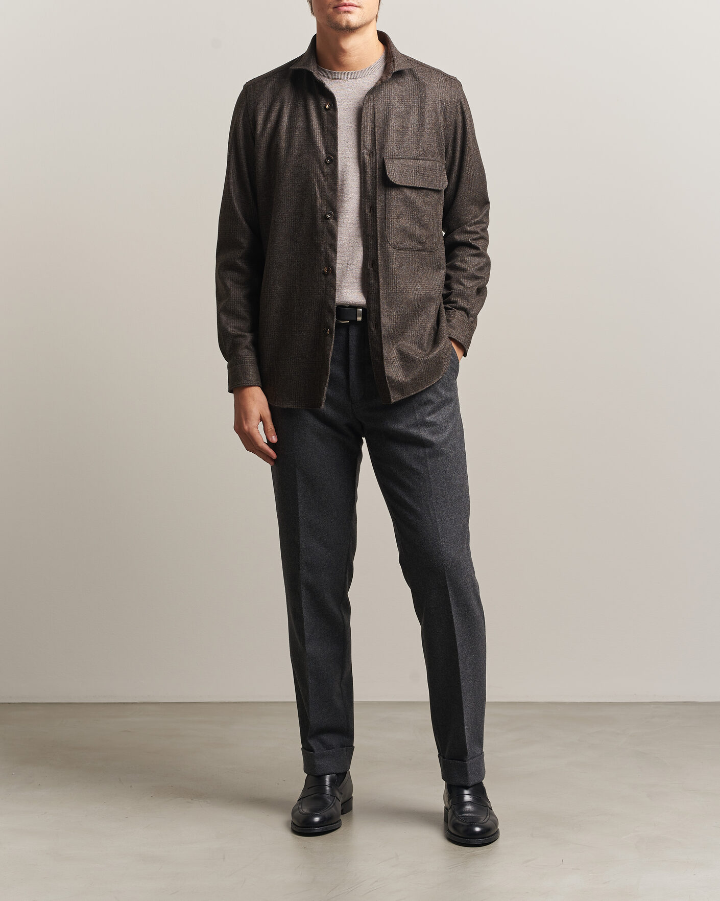 Men | Shirts | Finamore Napoli | Wool Houndstooth Overshirt Dark Brown