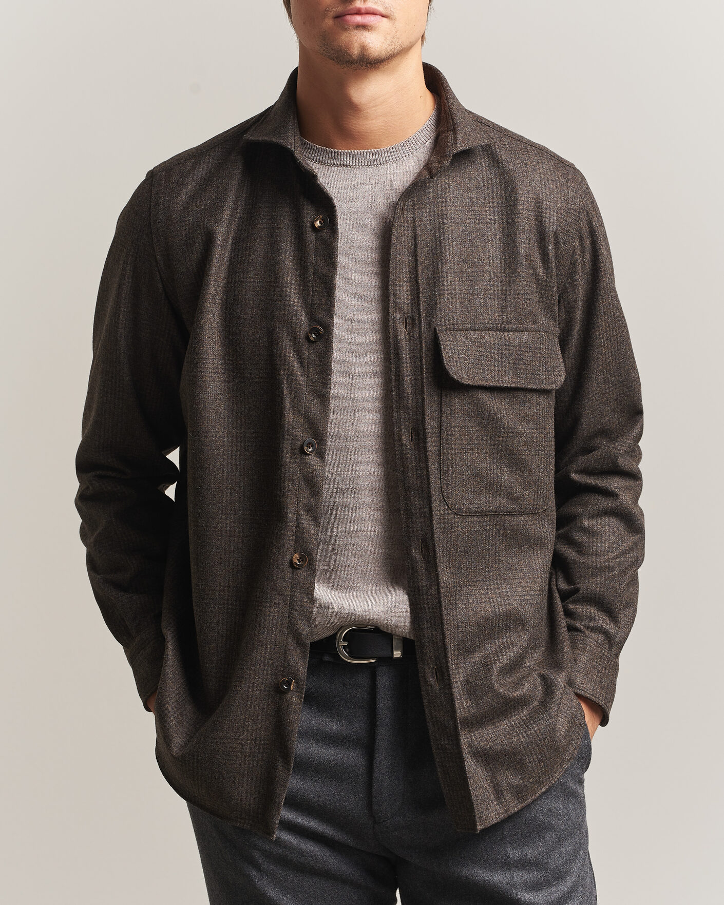 Men | Shirts | Finamore Napoli | Wool Houndstooth Overshirt Dark Brown
