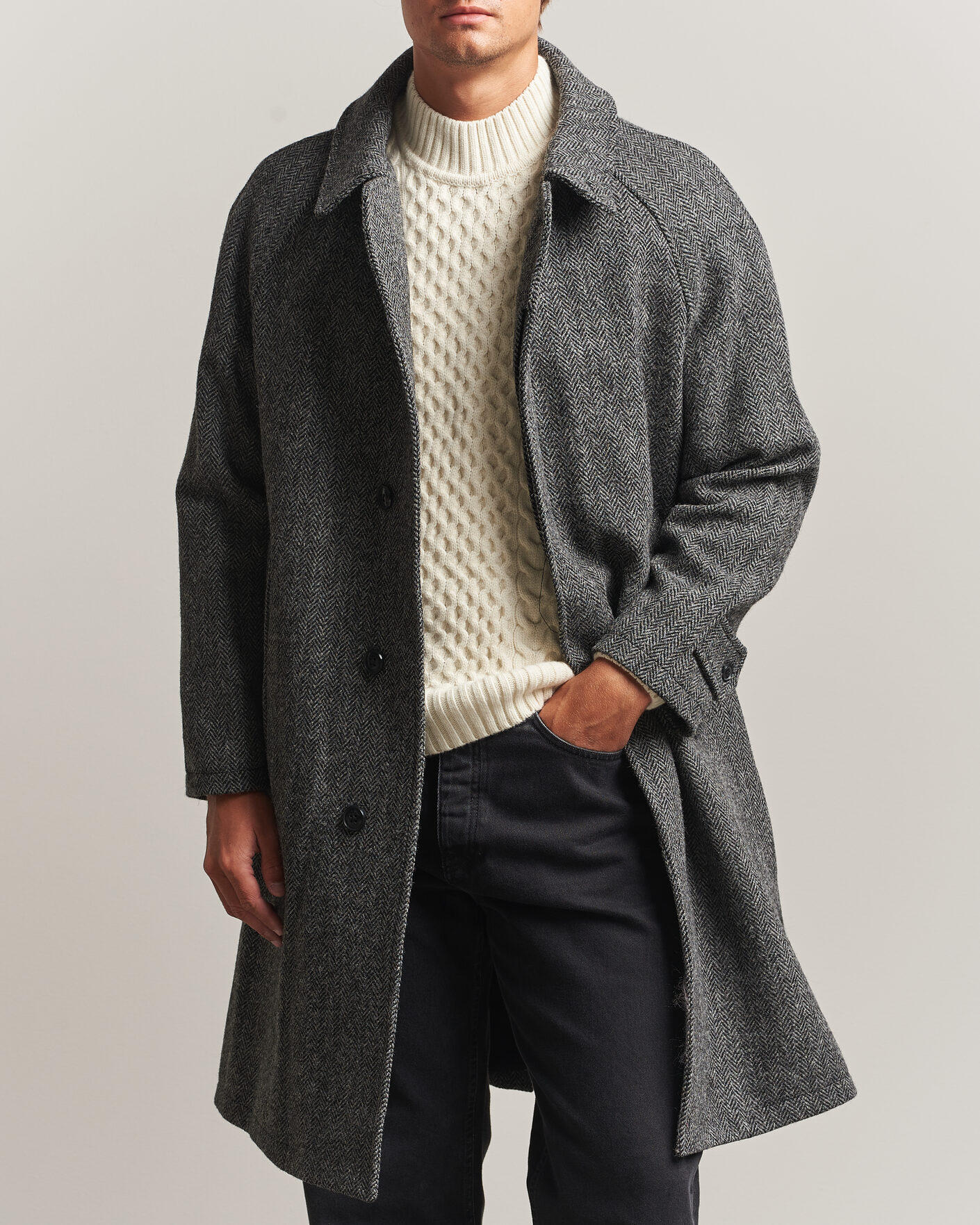 Men | Coats & Jackets | Gloverall | Hynes Harris Tweed Coat Charcoal Herringbone