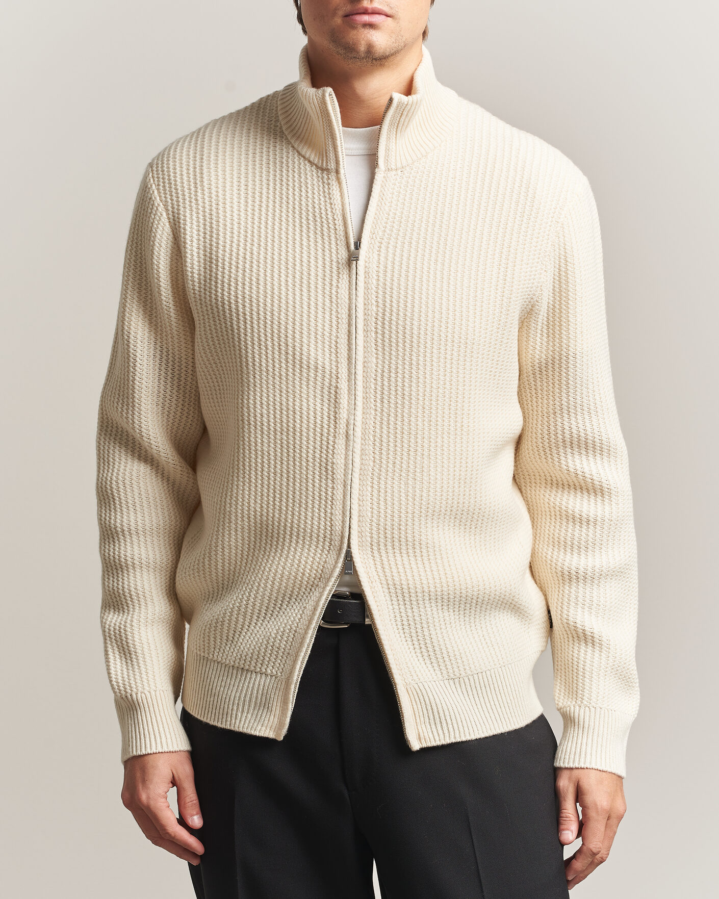 Men | Sweaters & Knitwear | BOSS BLACK | Fiocco Wool/Cashmere Full Zip Open White