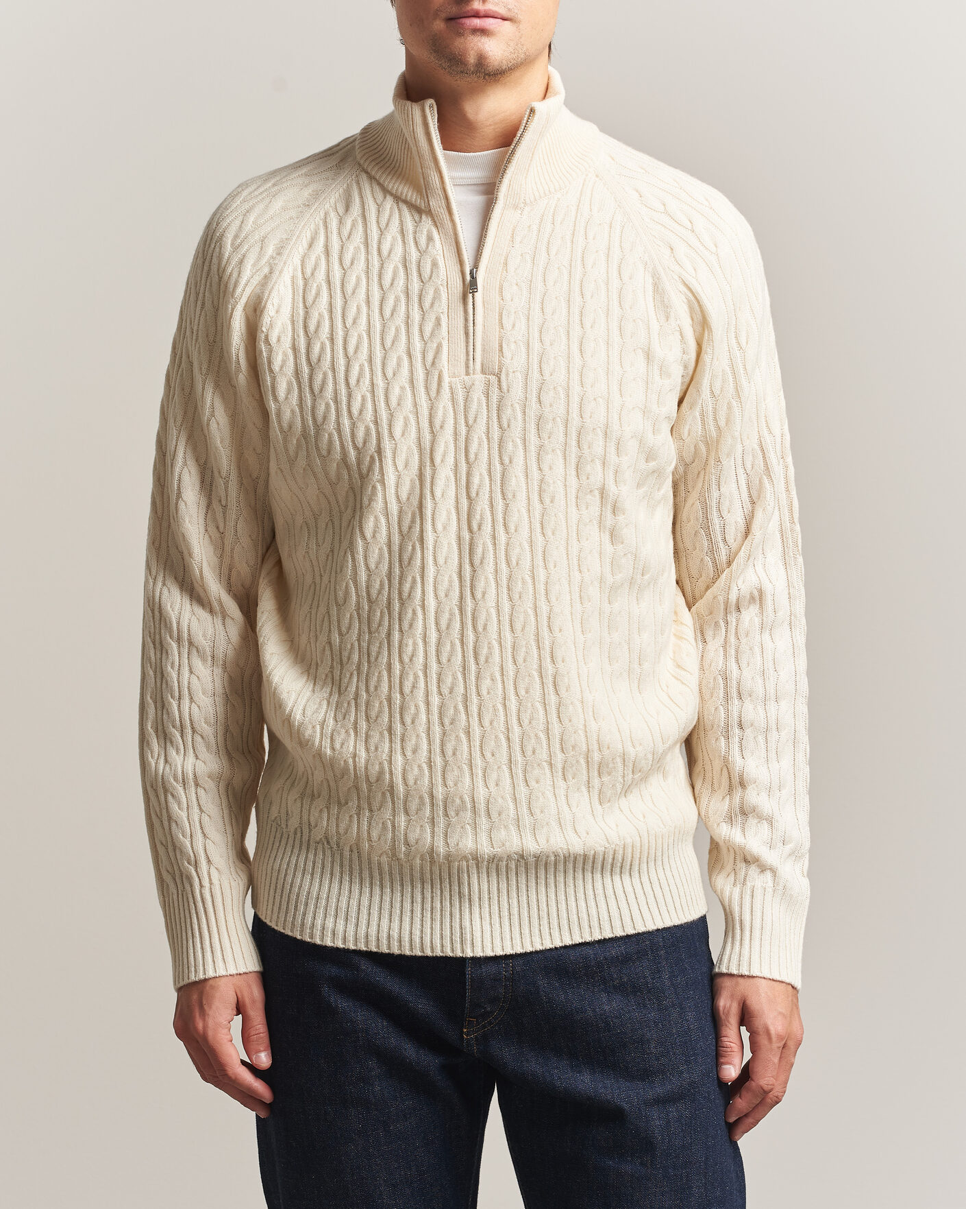 Men | Sweaters & Knitwear | BOSS BLACK | Furore Wool/Cashmere Cable Half Zip Open White