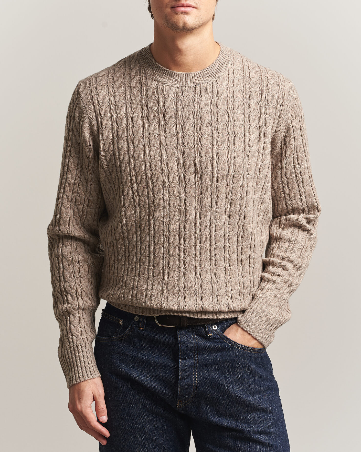 Men | Sweaters & Knitwear | BOSS BLACK | Furlan Wool/Cashmere Cable Crew Neck Open Brown
