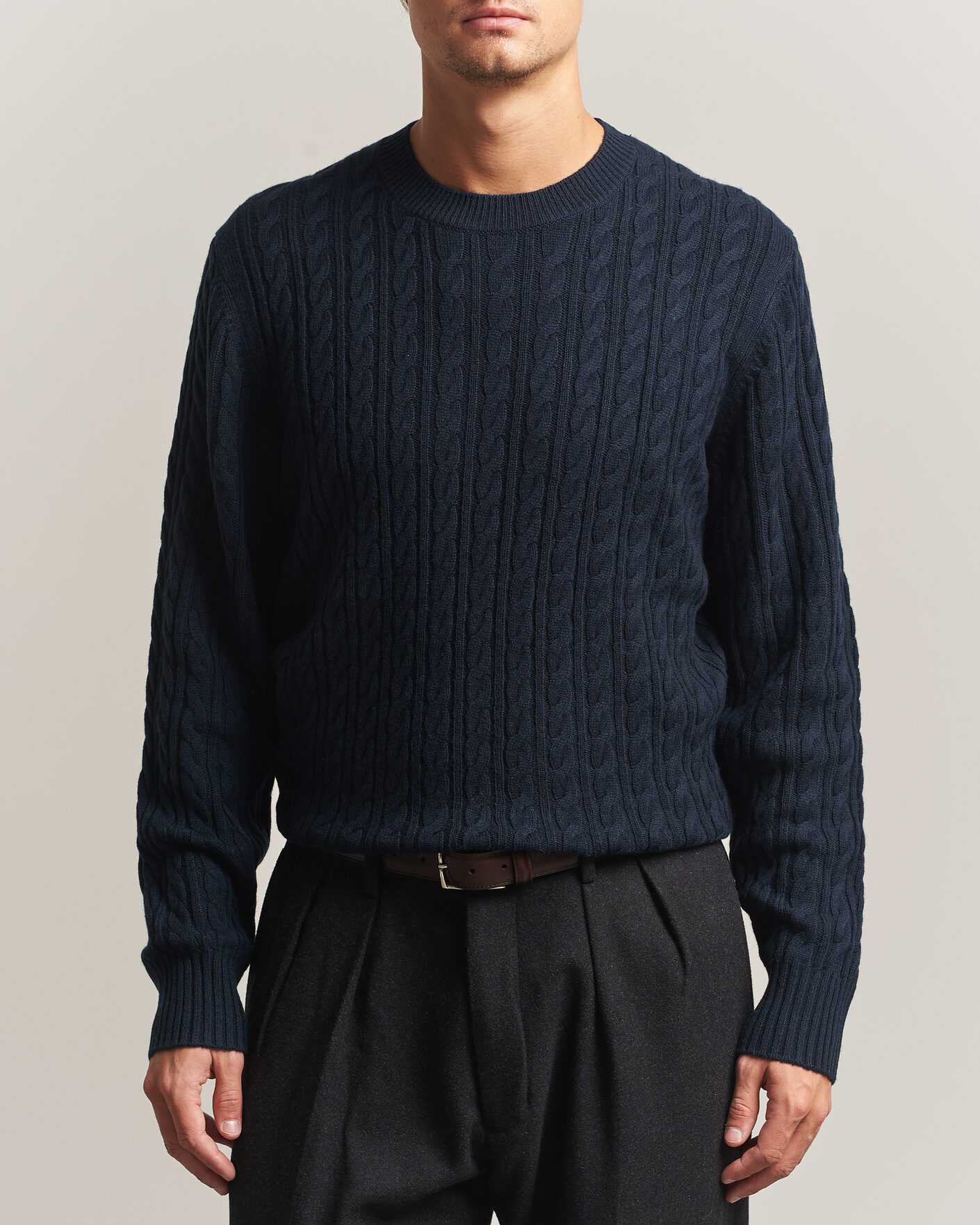 Men | Sweaters & Knitwear | BOSS BLACK | Furlan Wool/Cashmere Cable Crew Neck Dark Blue