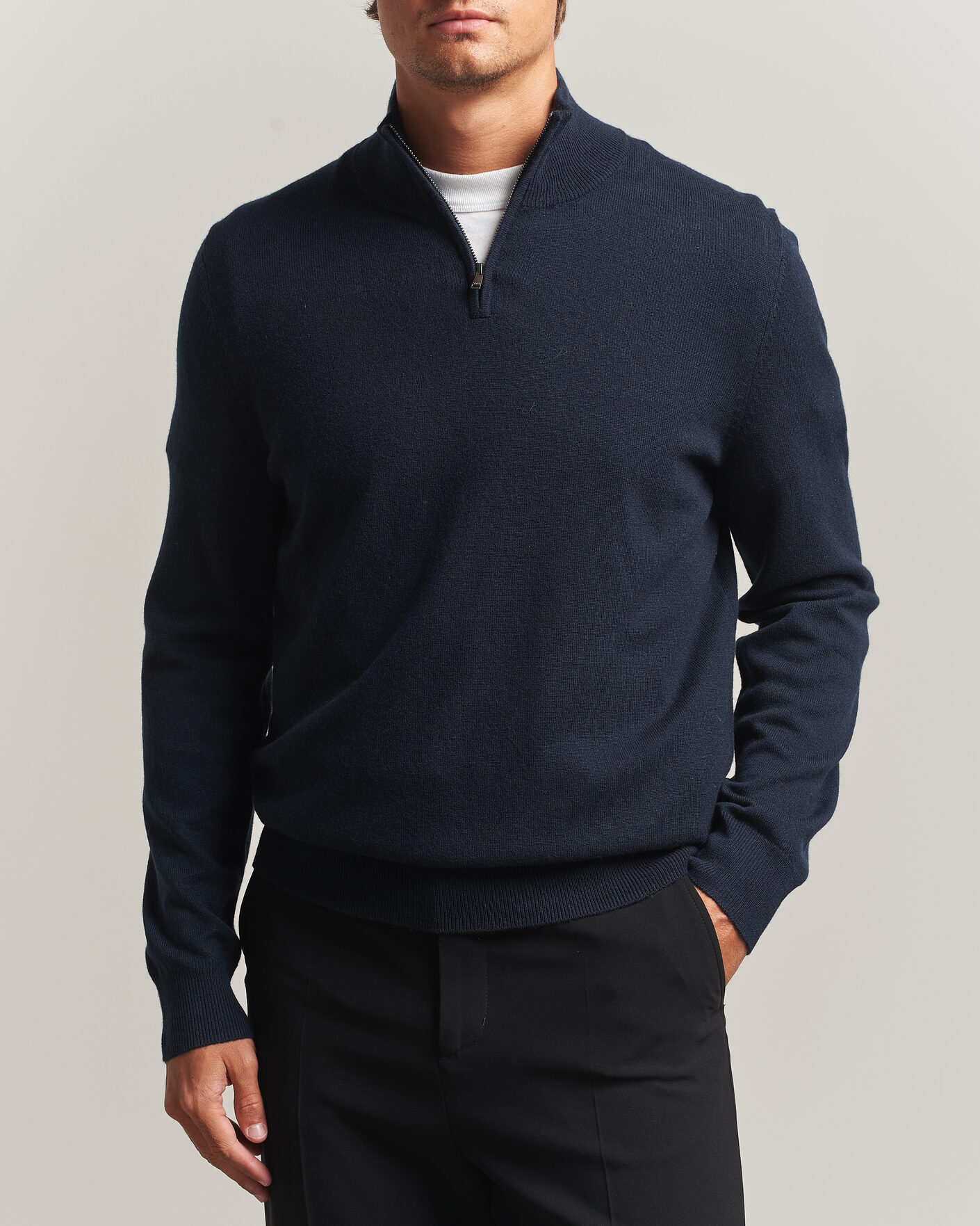 Men | Sweaters & Knitwear | BOSS BLACK | Hemarlo Wool/Cashmere Half Zip Dark Blue