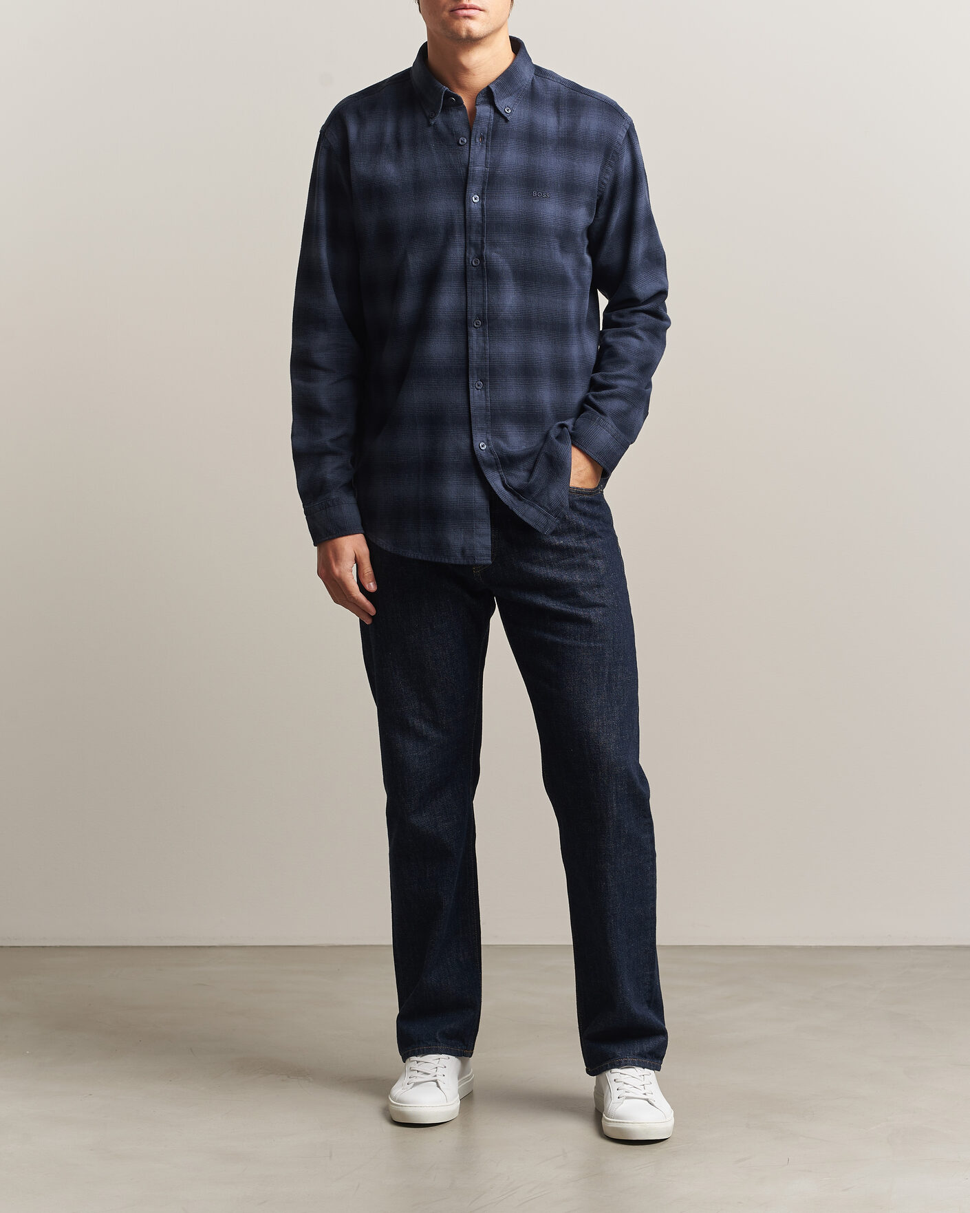 Men | Shirts | BOSS ORANGE | Rickert Brushed Cotton Checked Shirt Dark Blue