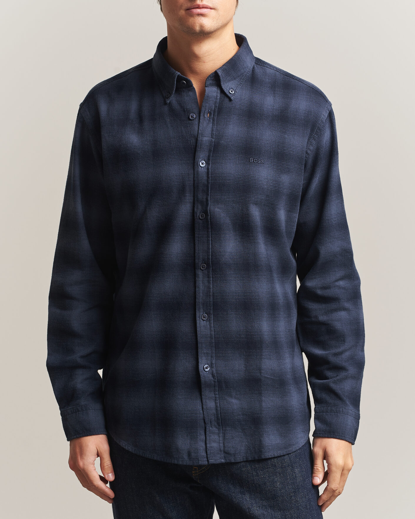 Men | Shirts | BOSS ORANGE | Rickert Brushed Cotton Checked Shirt Dark Blue