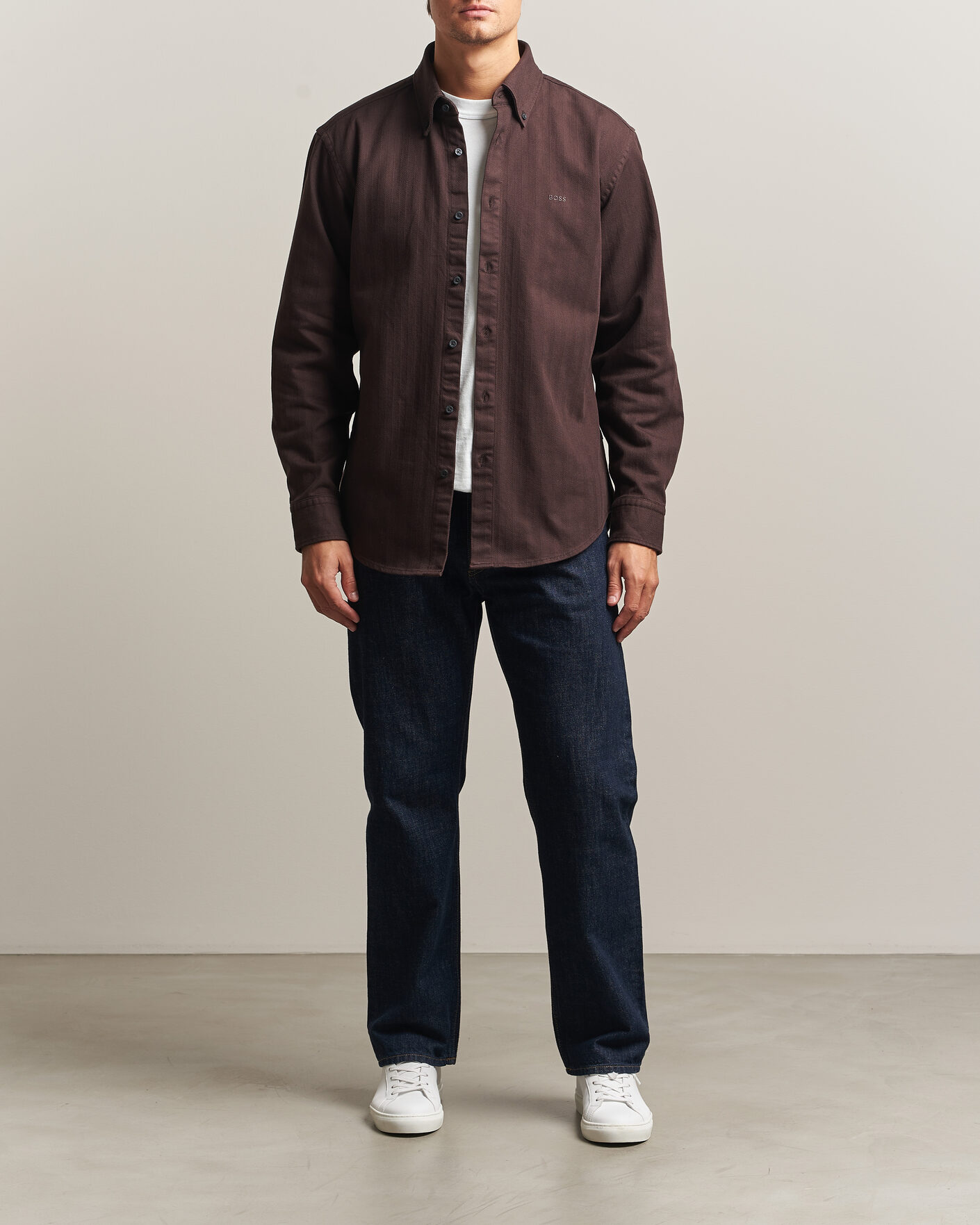 Men | Shirts | BOSS ORANGE | Ricopuls Brushed Herringbone Shirt Dark Brown