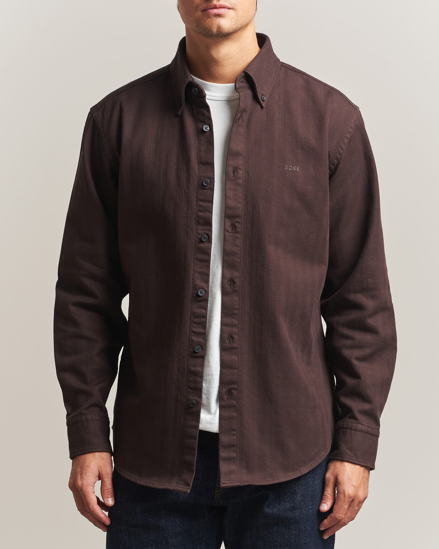 Men | Shirts | BOSS ORANGE | Ricopuls Brushed Herringbone Shirt Dark Brown