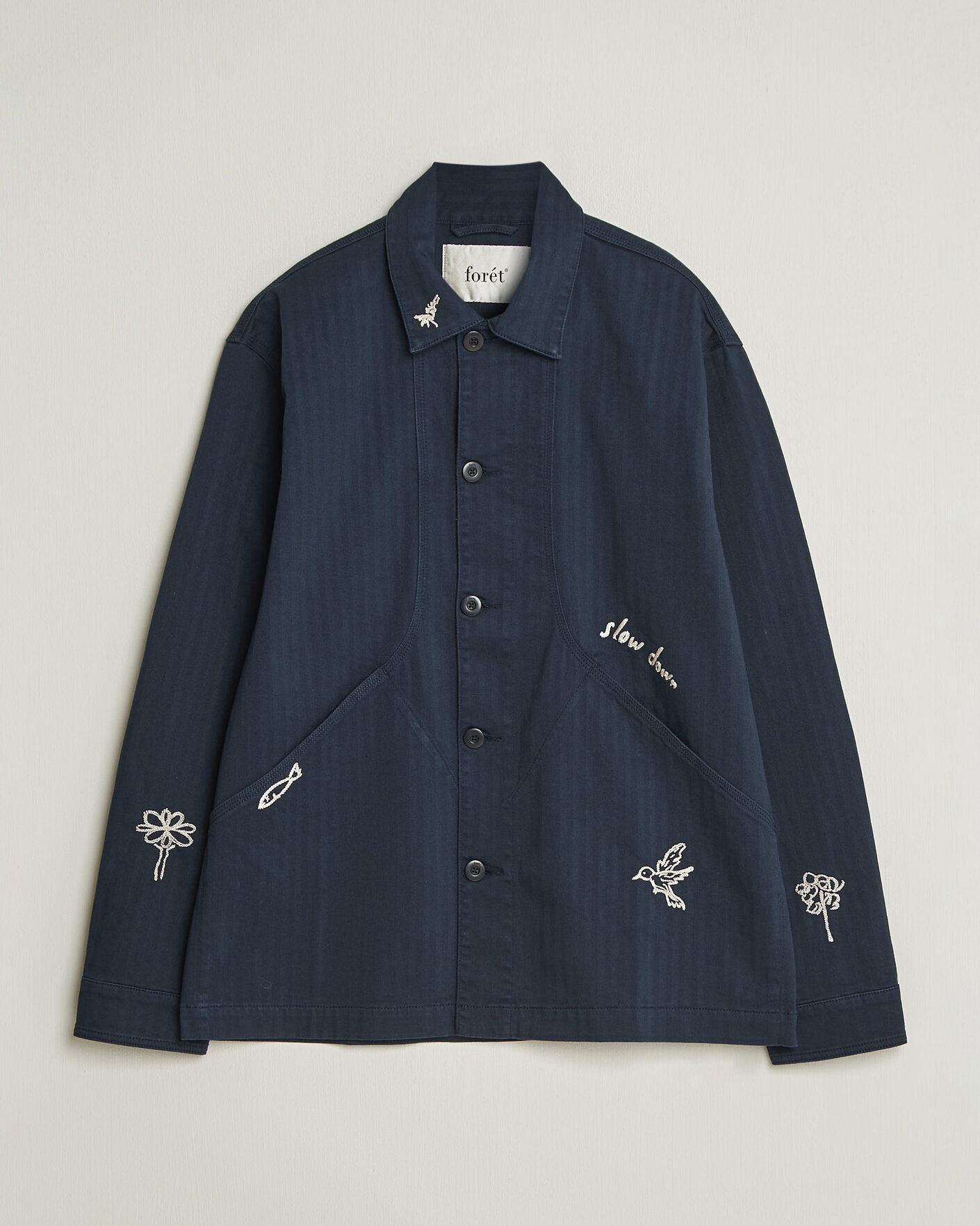 Men | Shirts | Forét | Berry Herringbone Embroidery Overshirt Navy