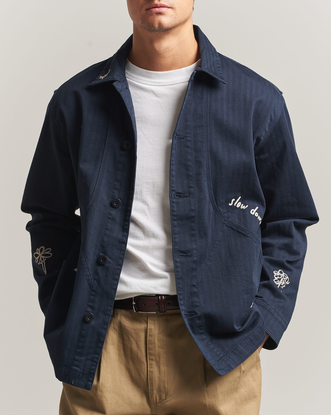 Men | Shirts | Forét | Berry Herringbone Embroidery Overshirt Navy