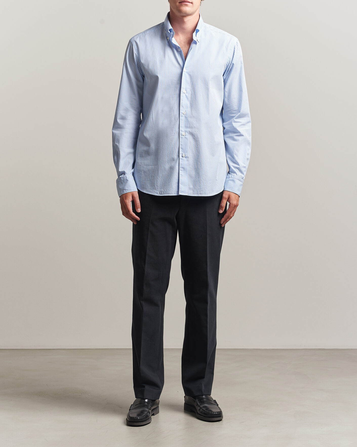 Men | Shirts | Grigio | Popeline Button Down Shirt Light Blue Stripe