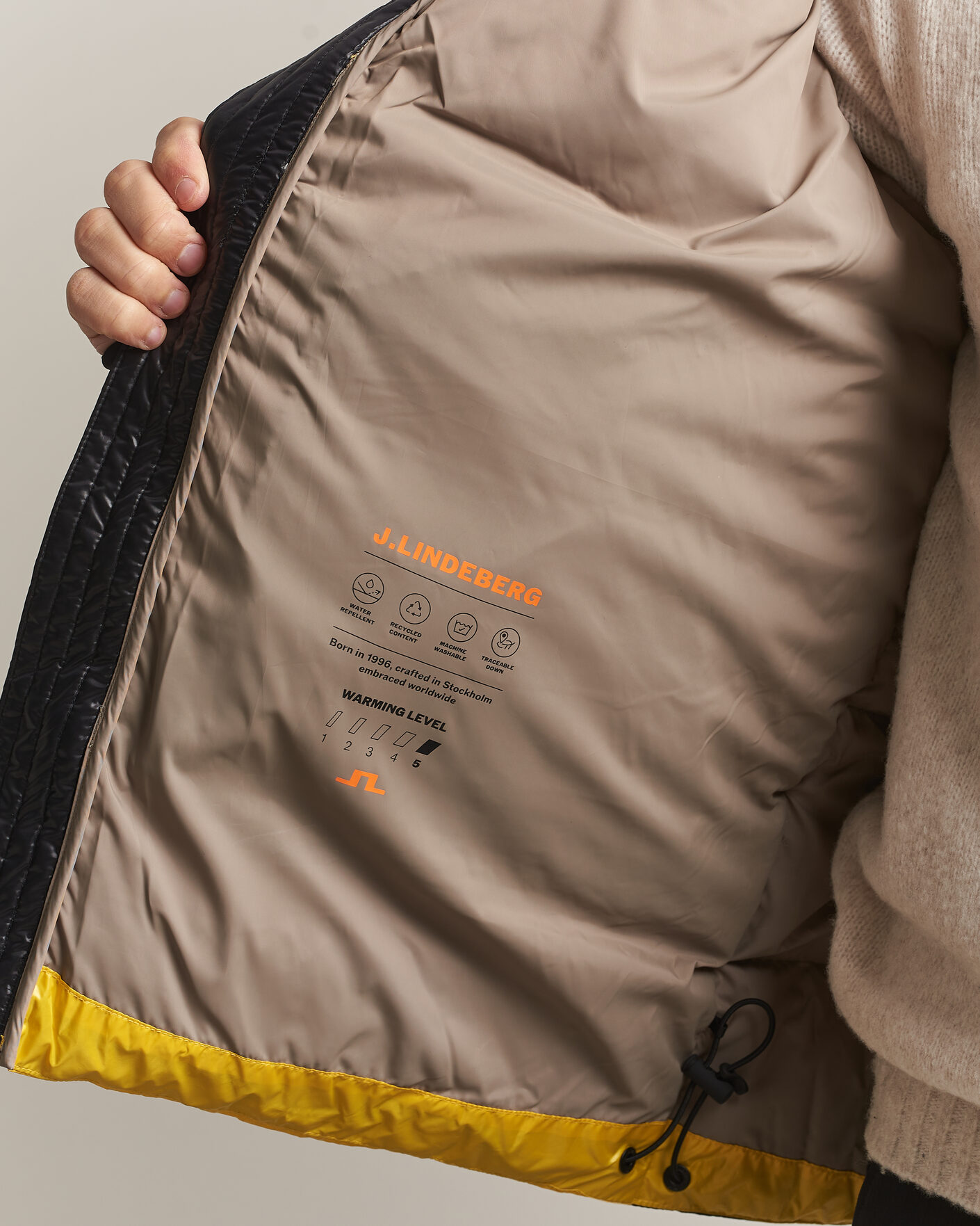Men | Coats & Jackets | J.Lindeberg | Creek Block Hooded Down Jacket Bumblebee