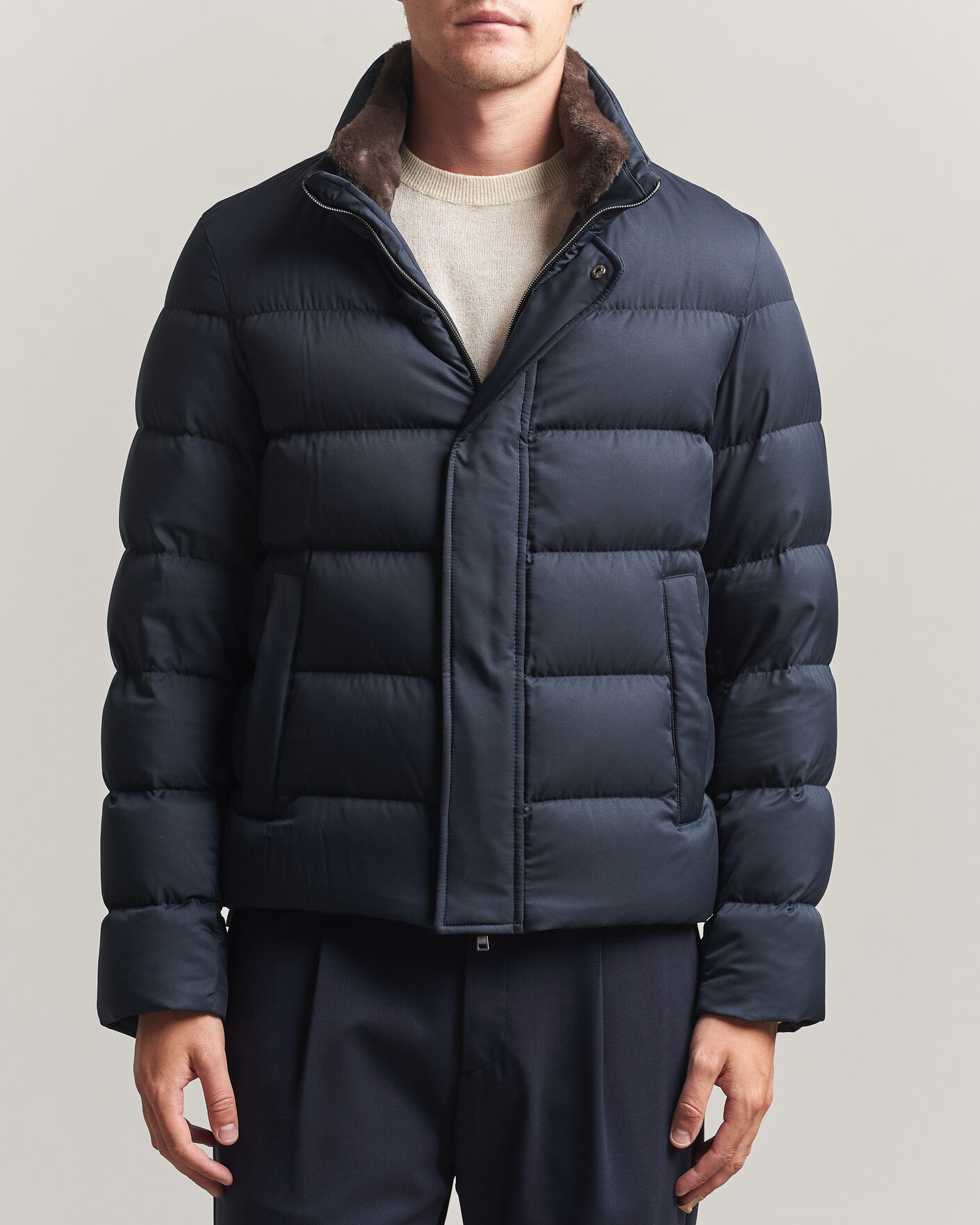 Men | Coats & Jackets | Herno | Faux Fur Down Jacket Navy