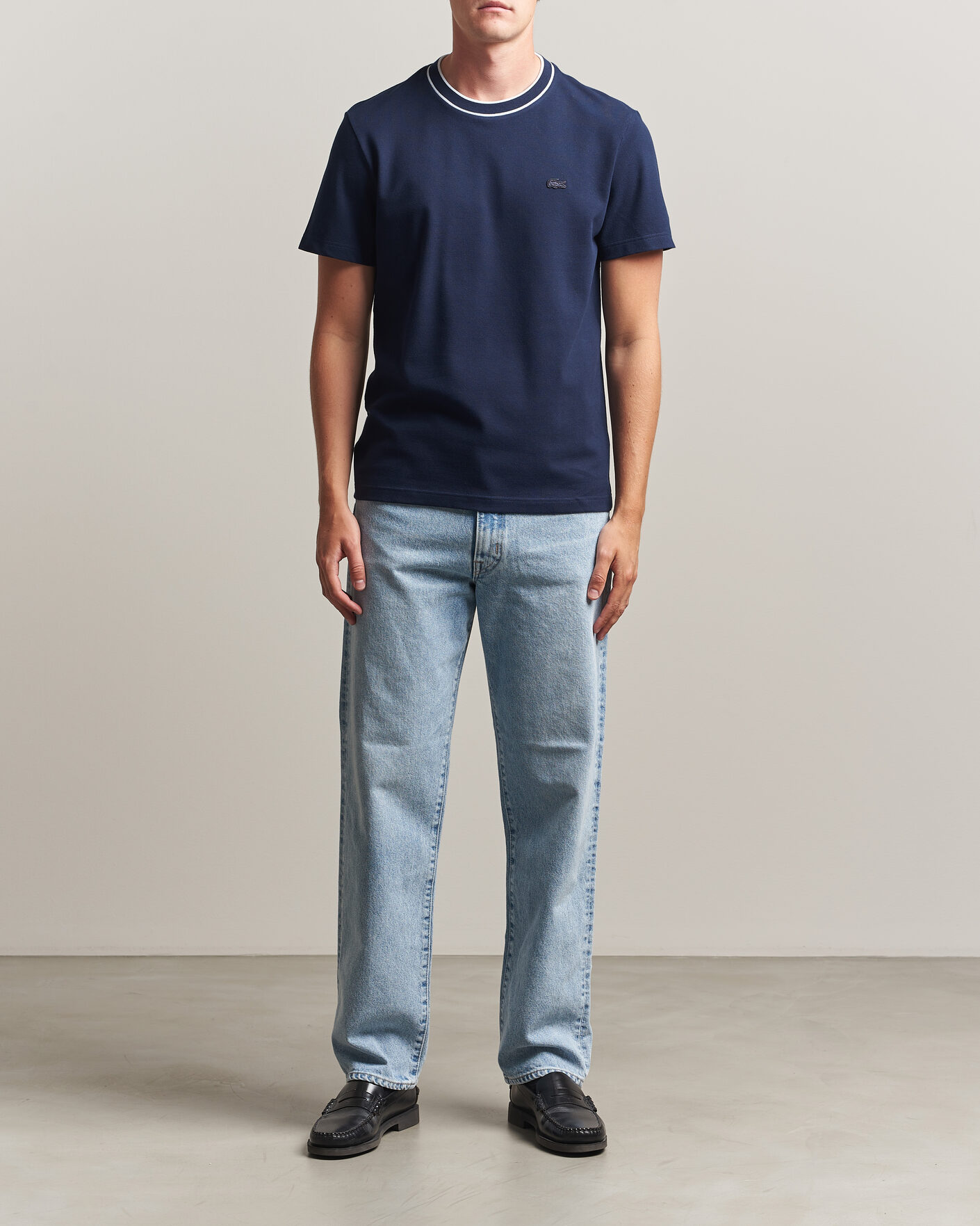Men | T-Shirts | Lacoste | Contrast Rib Piqué T-Shirt Navy Blue