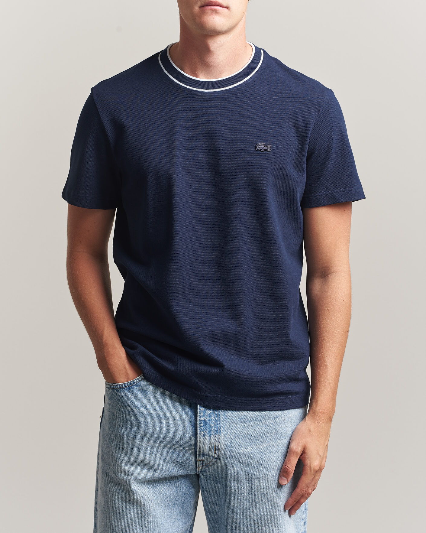 Men | T-Shirts | Lacoste | Contrast Rib Piqué T-Shirt Navy Blue