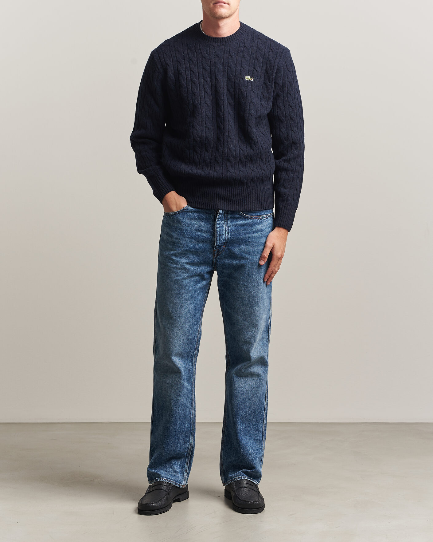 Lacoste Carded Wool Cable Crew Neck Navy Blue at CareOfCarl.com
