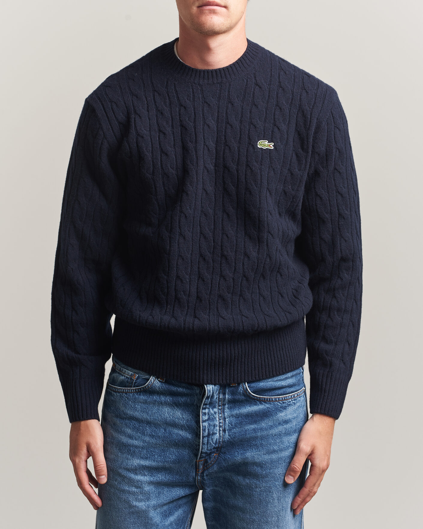 Lacoste Carded Wool Cable Crew Neck Navy Blue at CareOfCarl.com