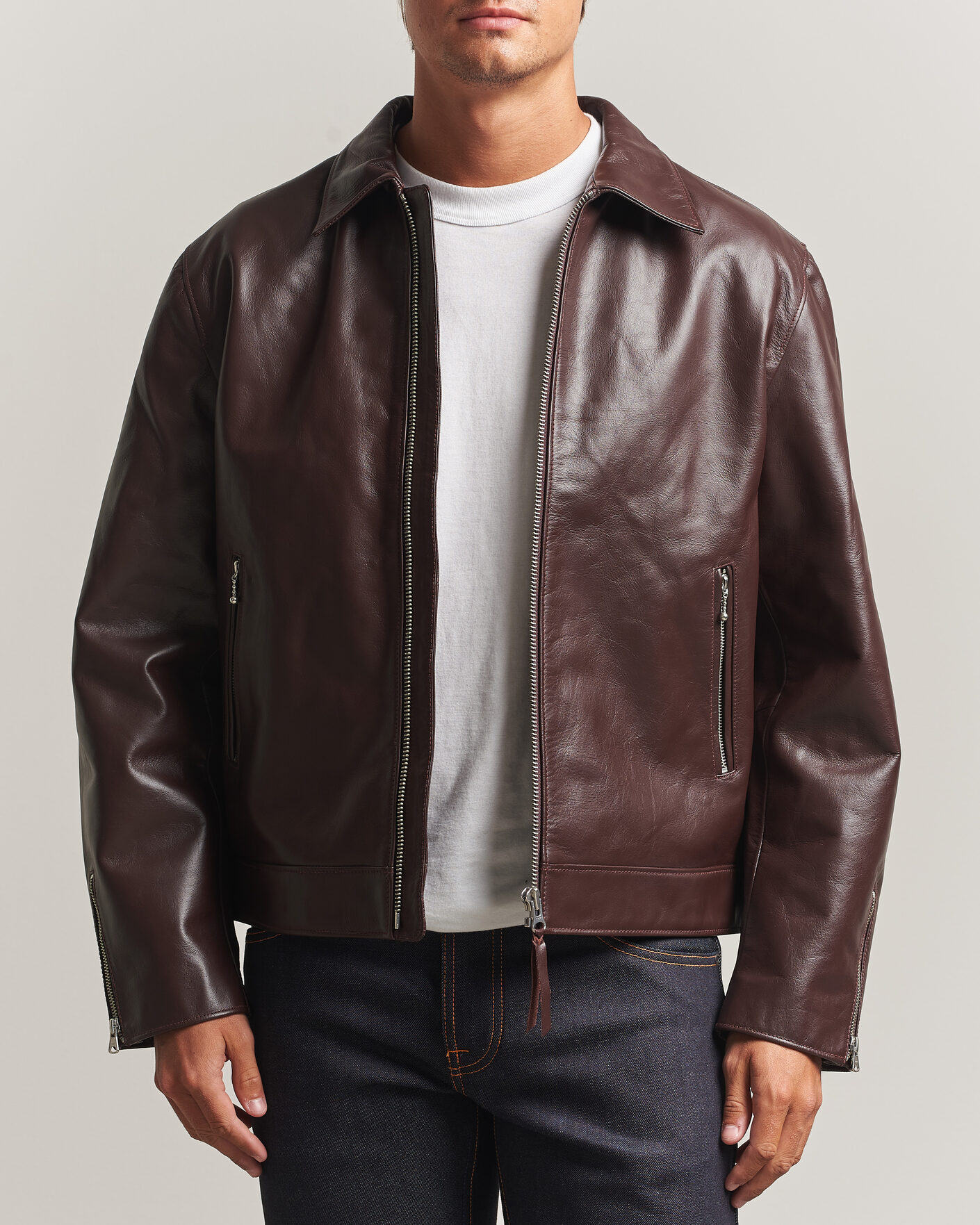 Men | Coats & Jackets | Nudie Jeans | Eddy Rider Leather Jacket Burgundy Brown