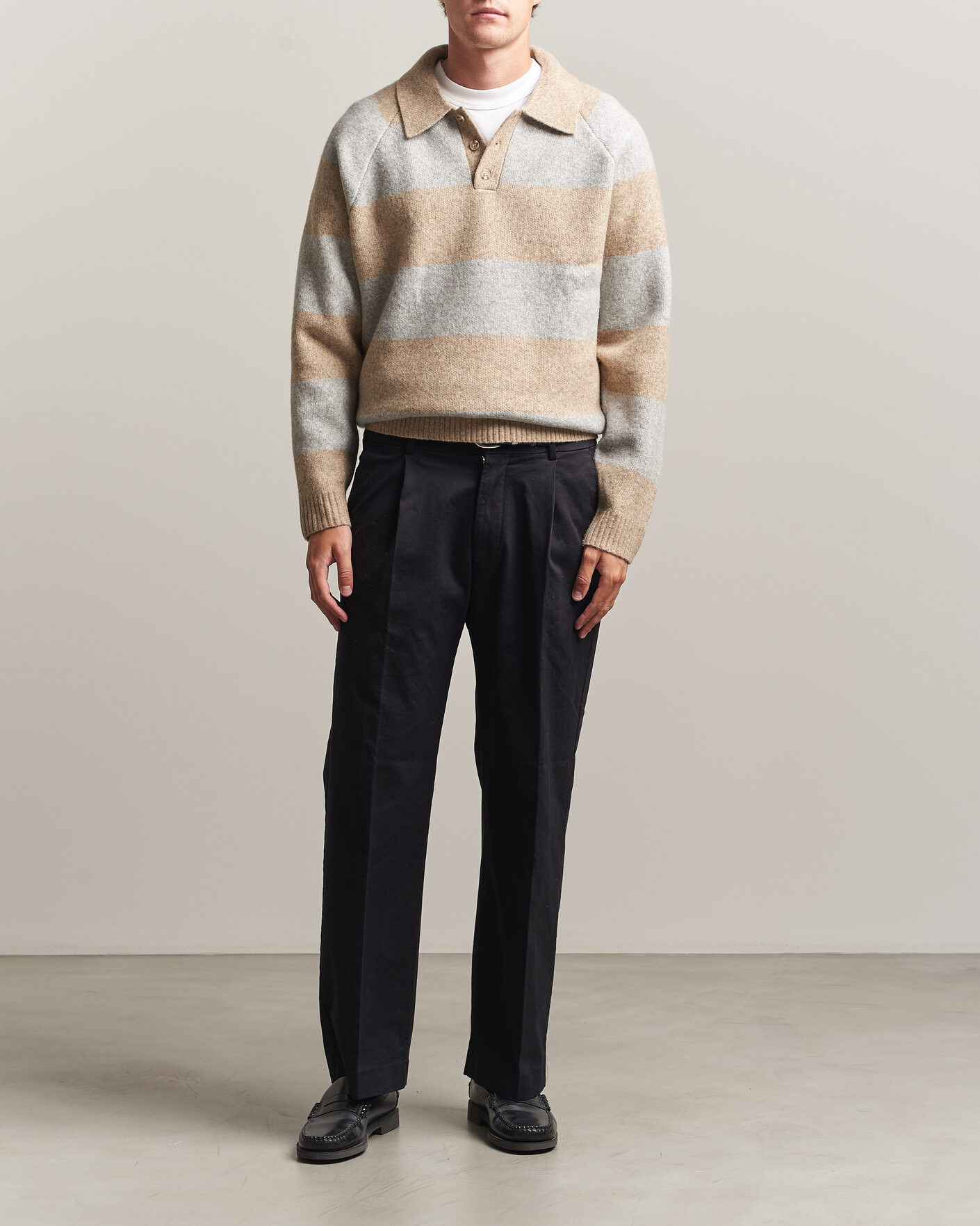 Men | Sweaters & Knitwear | LES DEUX | Striped Melange Knit Polo Light Sand Melange