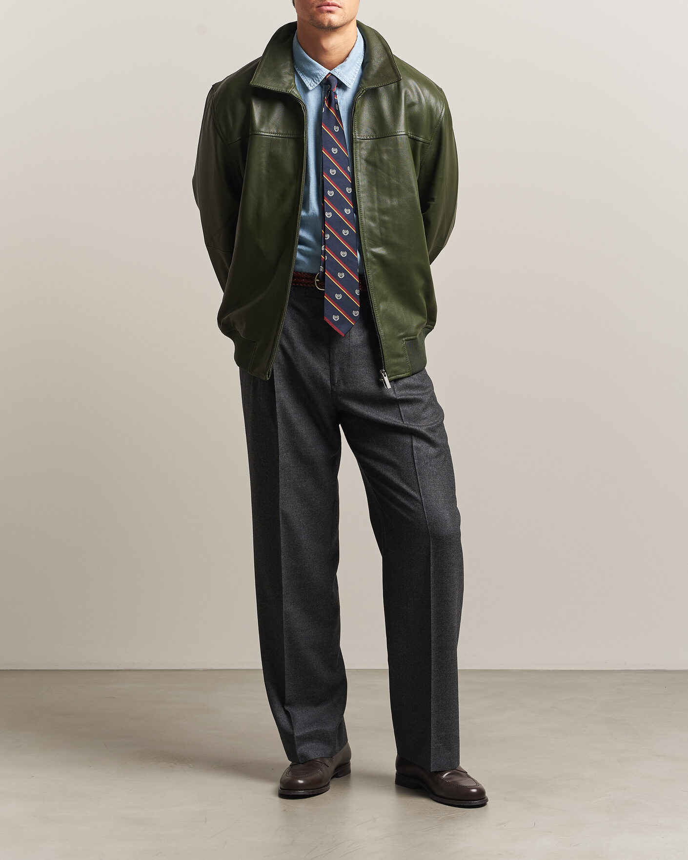 Men | Coats & Jackets | LES DEUX | Leather Varsity Jacket Rifle Green