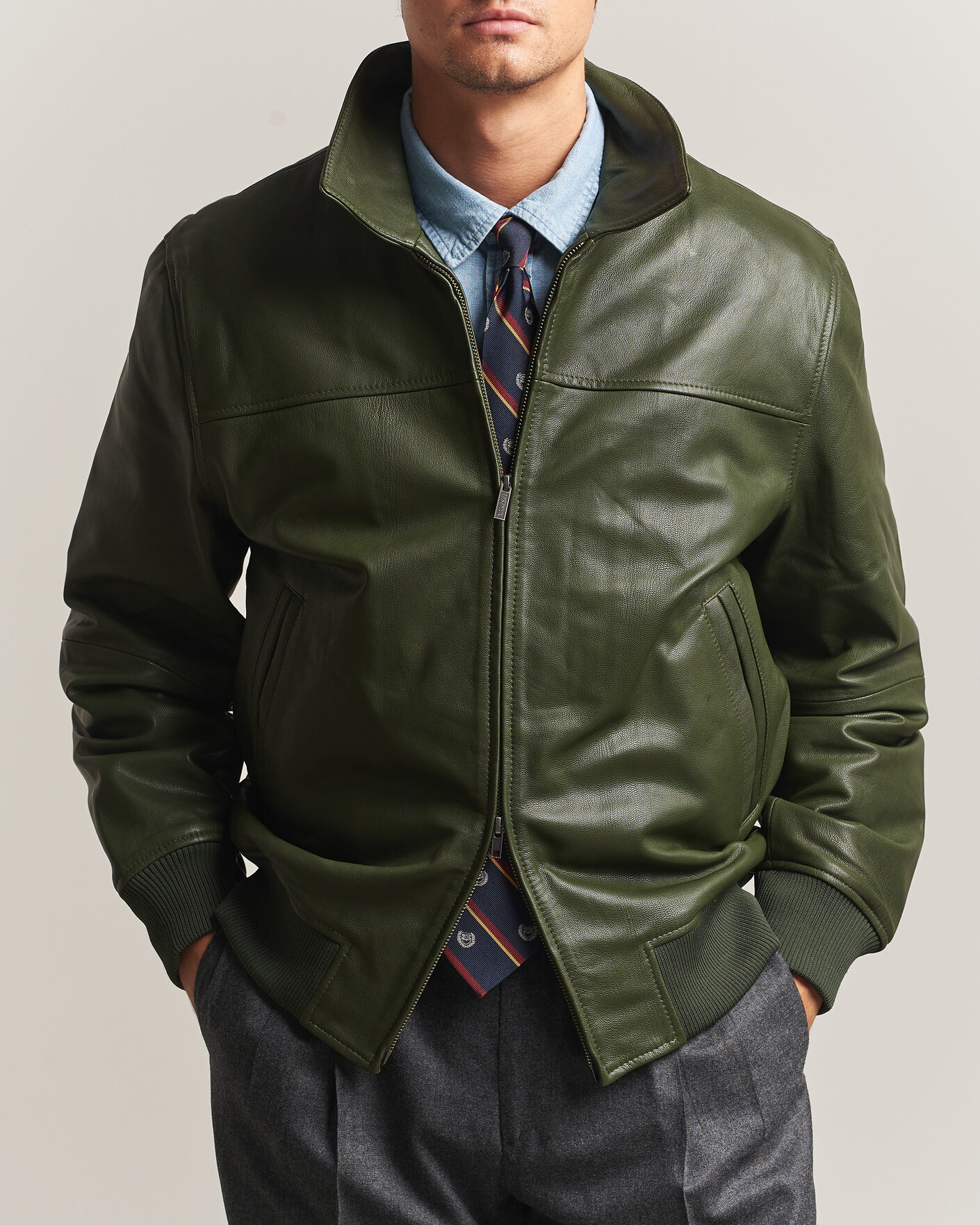 Men | Coats & Jackets | LES DEUX | Leather Varsity Jacket Rifle Green