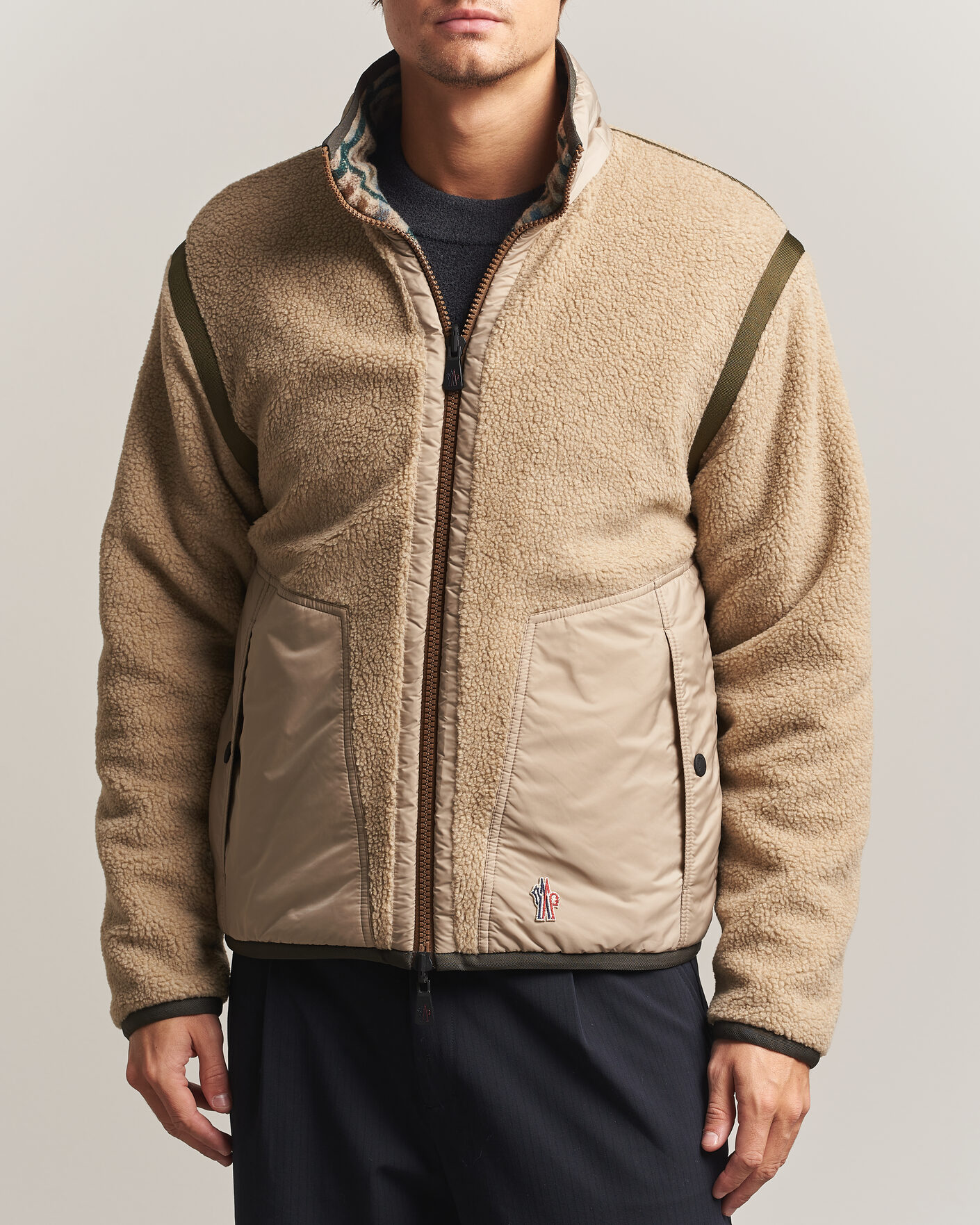 Moncler Grenoble Sherpa Zip Cardigan Beige/Green at CareOfCarl.com