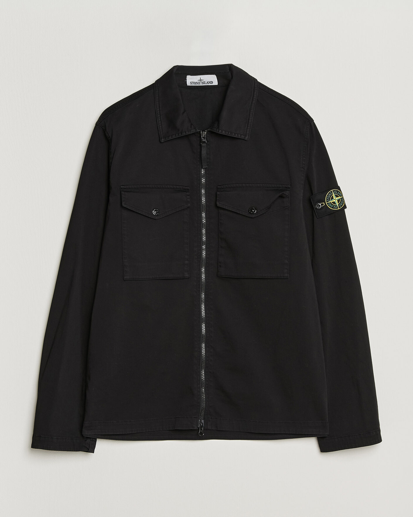 Men | Shirts | Stone Island | Organic Cotton Satin Stretch Zip Overshirt Black