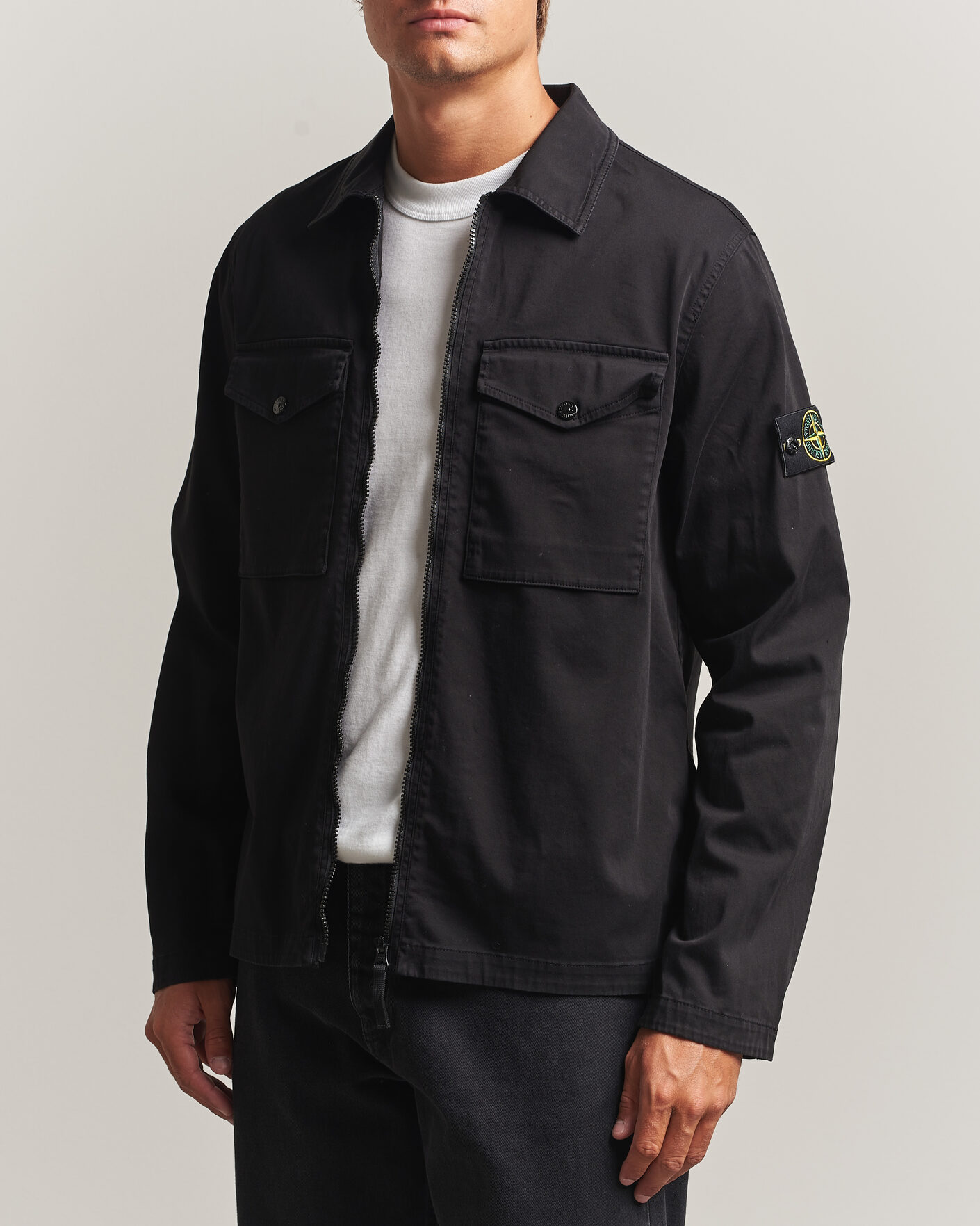 STONE  ZIP UP OVERSHIRT JACKET 黒 L Stone Island Organic Cotton Satin Stretch Zip Overshirt Black at