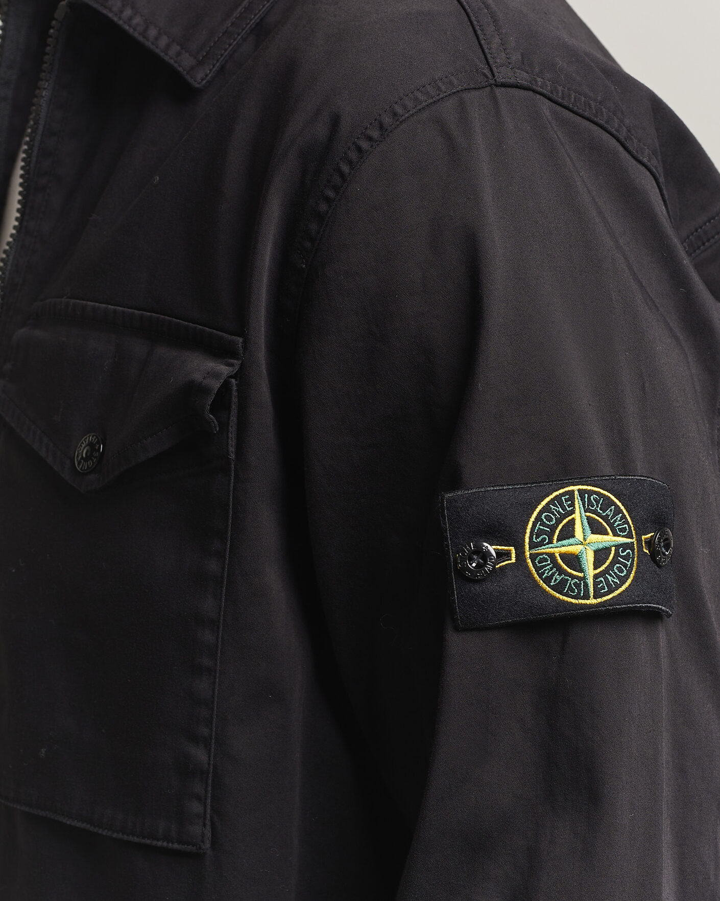 Stone Island Organic Cotton Satin Stretch Zip Overshirt Black at